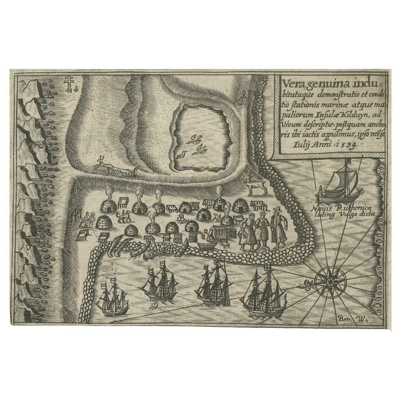 Rare Map Of Kildin Island In Russia Plus Engraving Of Seal Hunting, 1614 photo vinterior