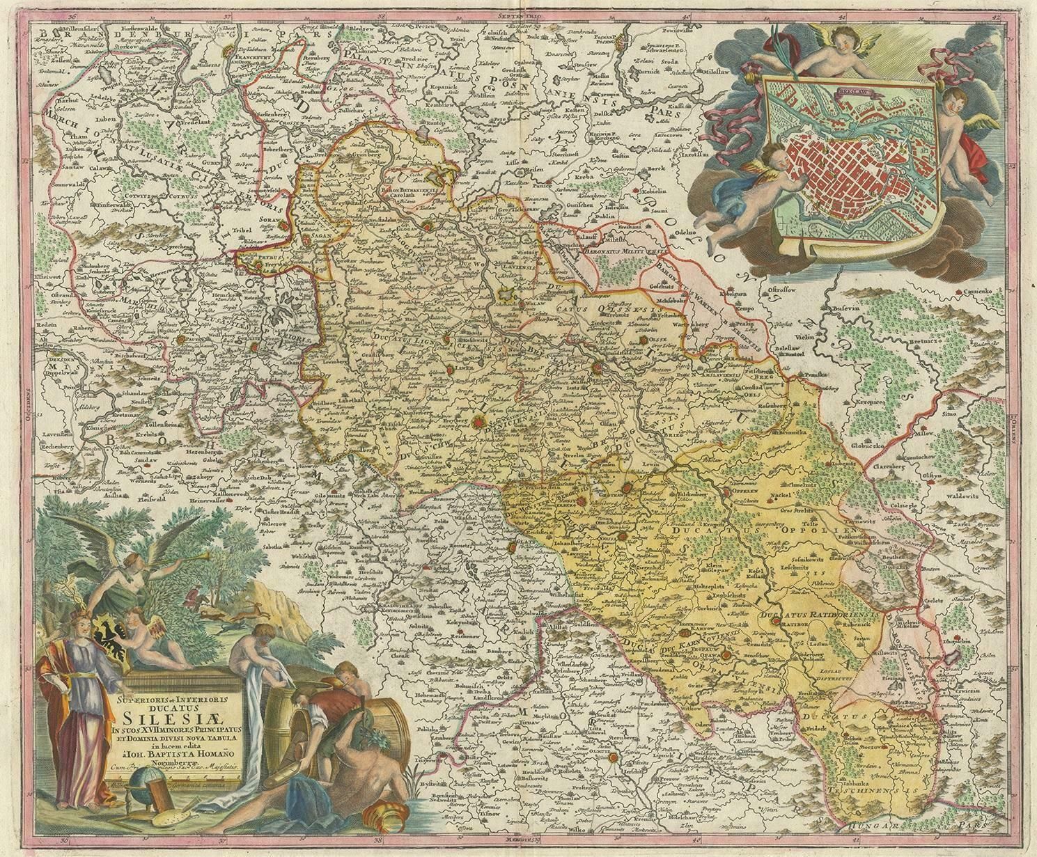 Antique Map Of Silesia, Southwest Poland And A City View Of Wroclaw, C 1720 photo furniture