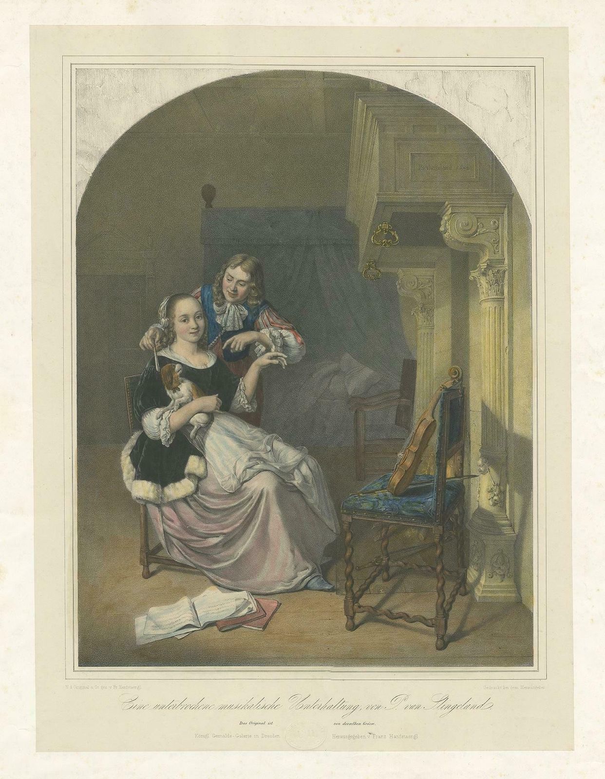 Antique Print Of An Interrupted Music Lesson, Circa 1840 photo furniture