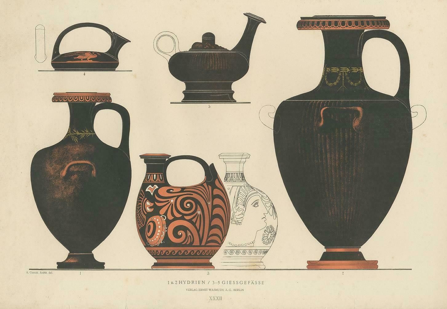 Antique Print Of Greek Ceramics 'Hydrien / Giessgefässe' By Genick '1883'