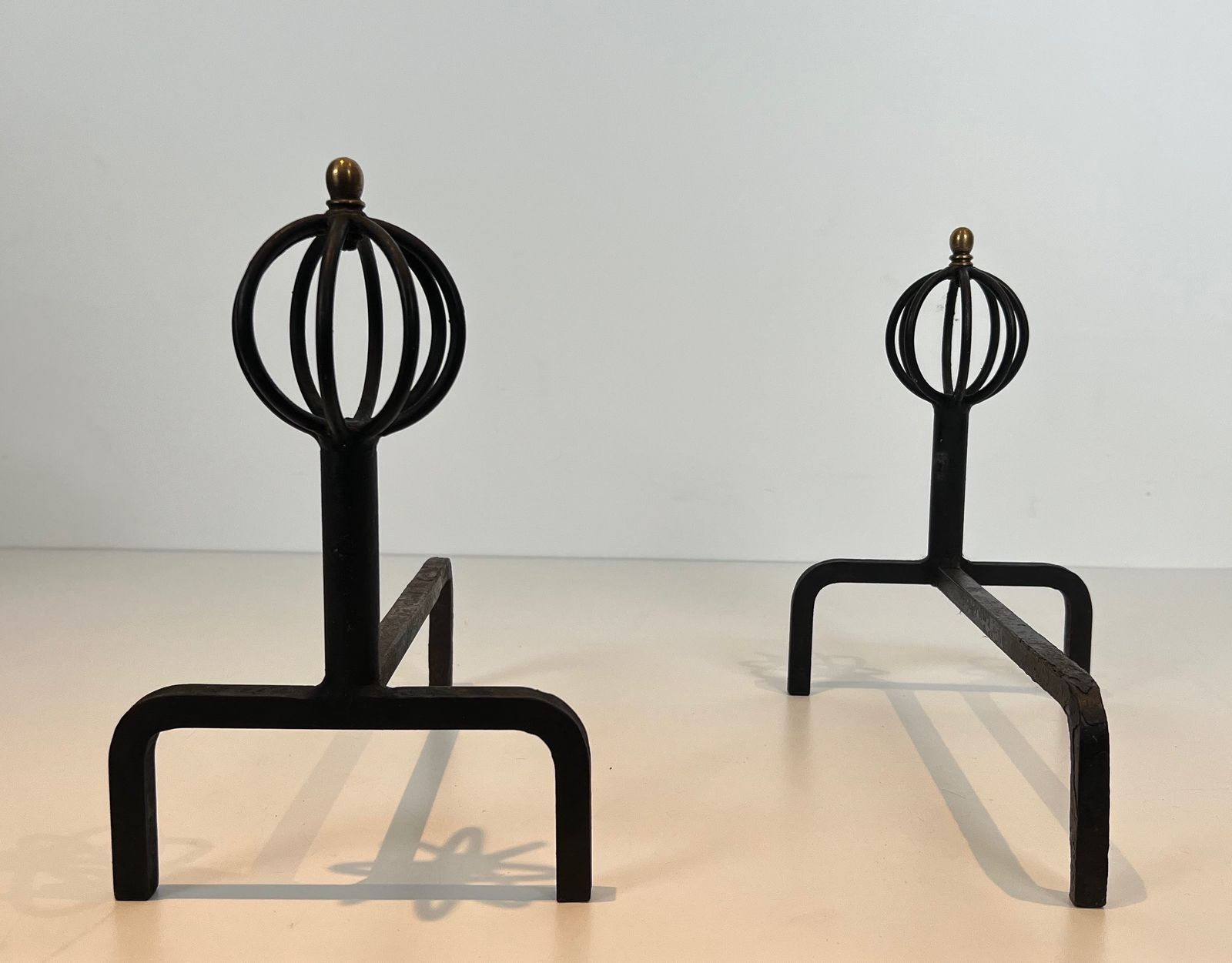 Pair Of Wrought Iron Andirons In The Taste Of Jean Royère photo vintage