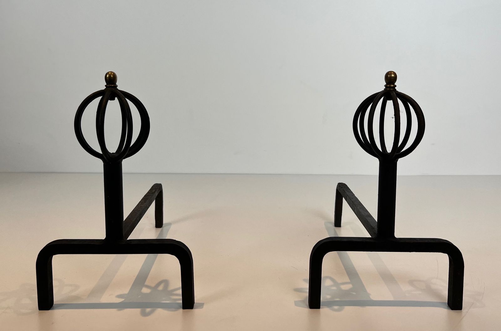 photo vintage Pair Of Wrought Iron Andirons In The Taste Of Jean Royère