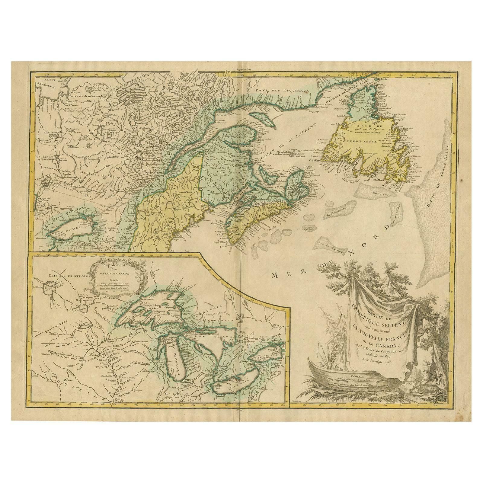 Antique Map Of New England And Part Of Canada By Vaugondy 'Circa 1755'