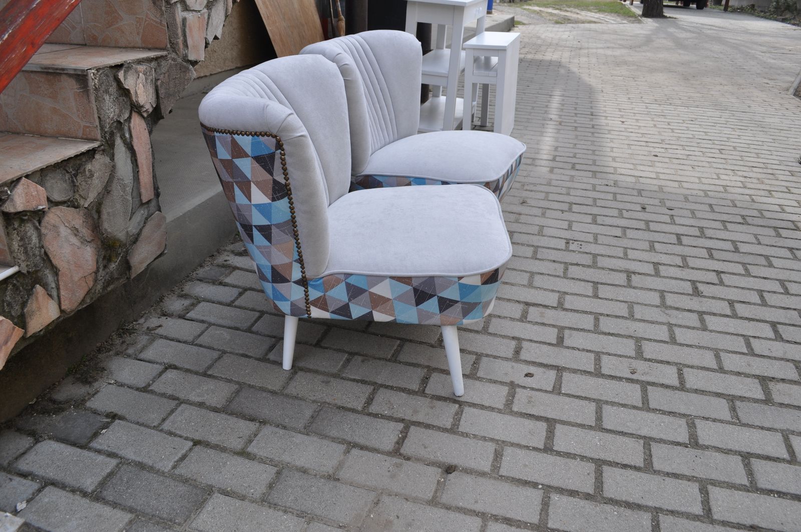 Pair Of Cocktail Chairs Gray And Geometric Shape Fabric photo for sale
