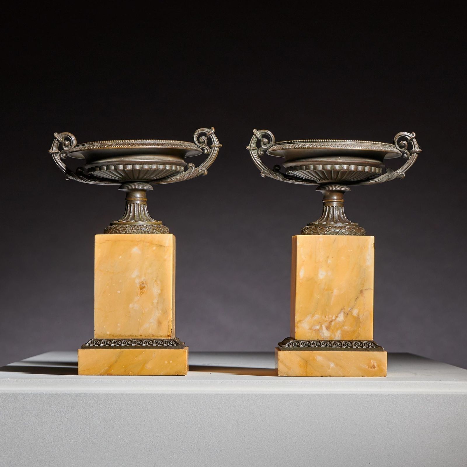 A Fine Pair Of Early 19th Century French Grand Tour Bronze And Siena Marble Tazzas Of Interesting Design photo for sale