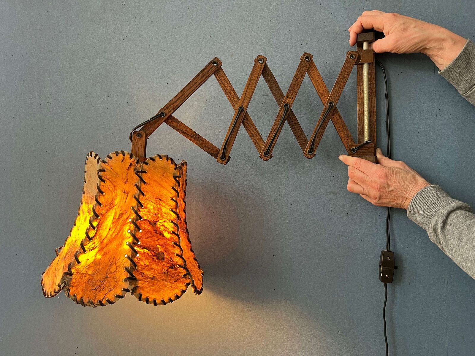 Teak Wood Scissor Wall Lamp With Warm Toned Shade