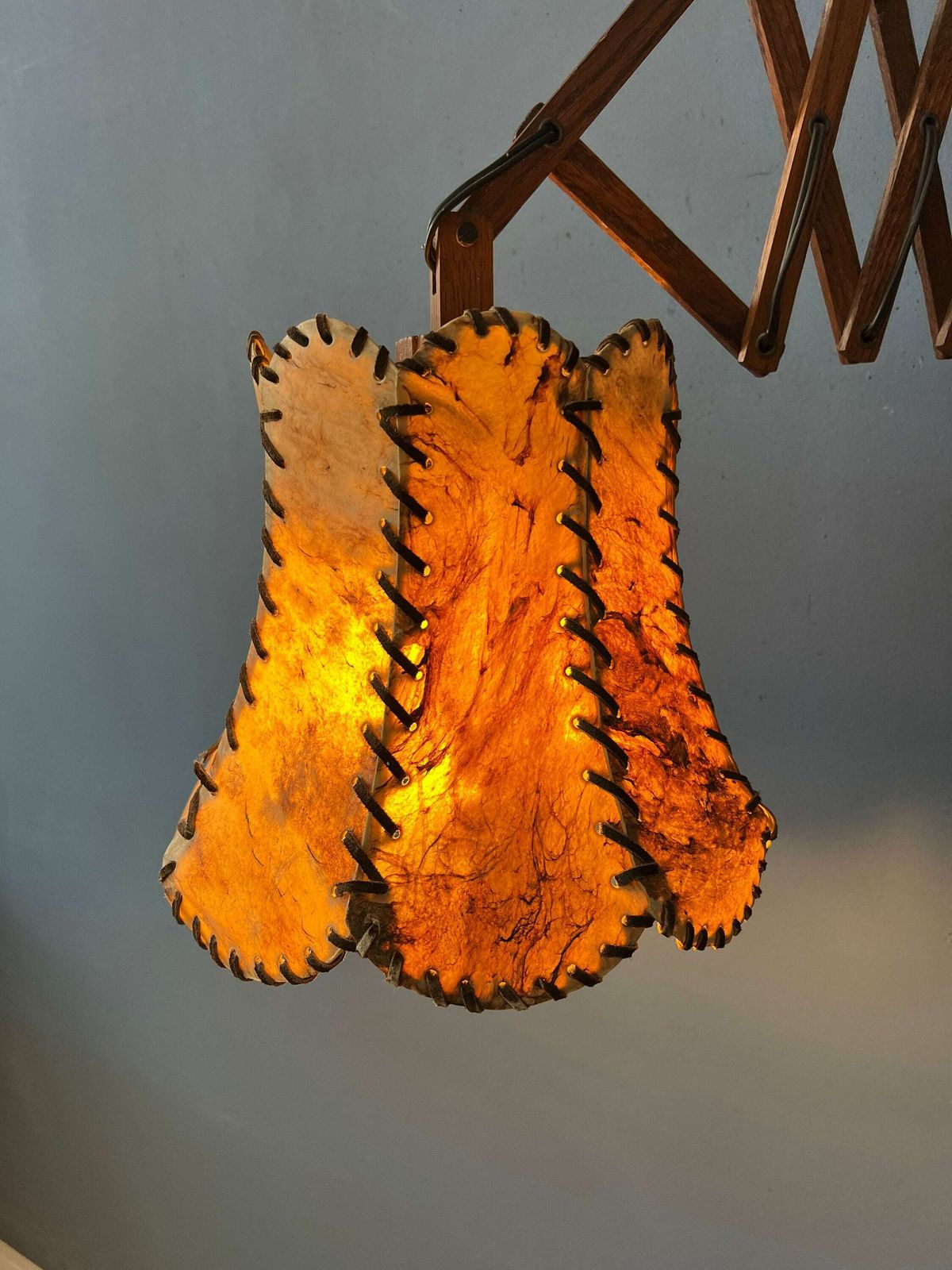 Teak Wood Scissor Wall Lamp With Warm Toned Shade photo for sale