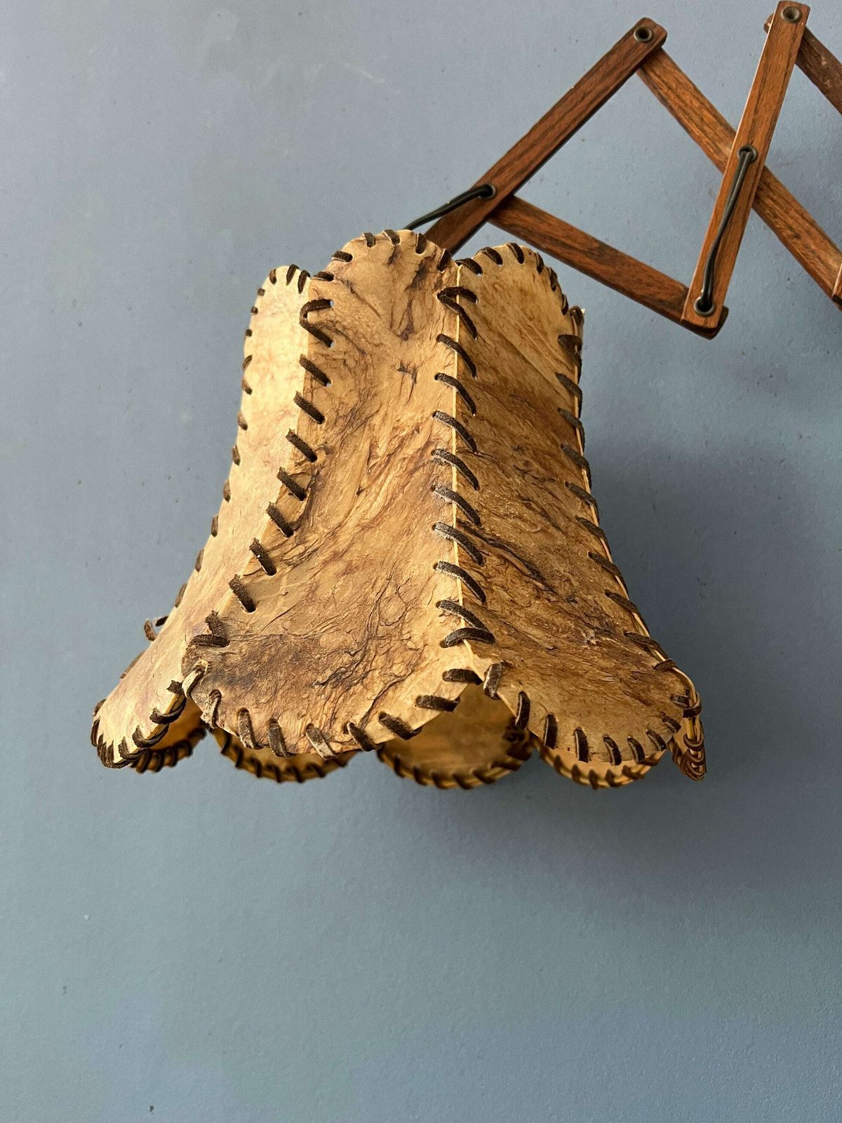Teak Wood Scissor Wall Lamp With Warm Toned Shade photo vinterior