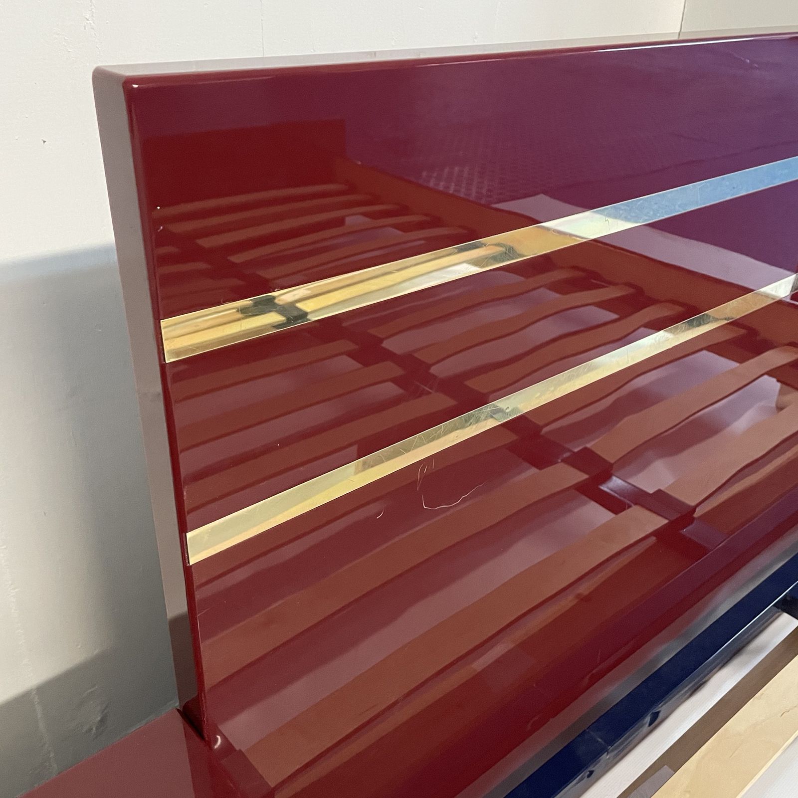 photo furniture Eric Maville Burgundy Double Bed Only 1970s Hollywood Regency Mid Century Bedroom Brass Metal Frame