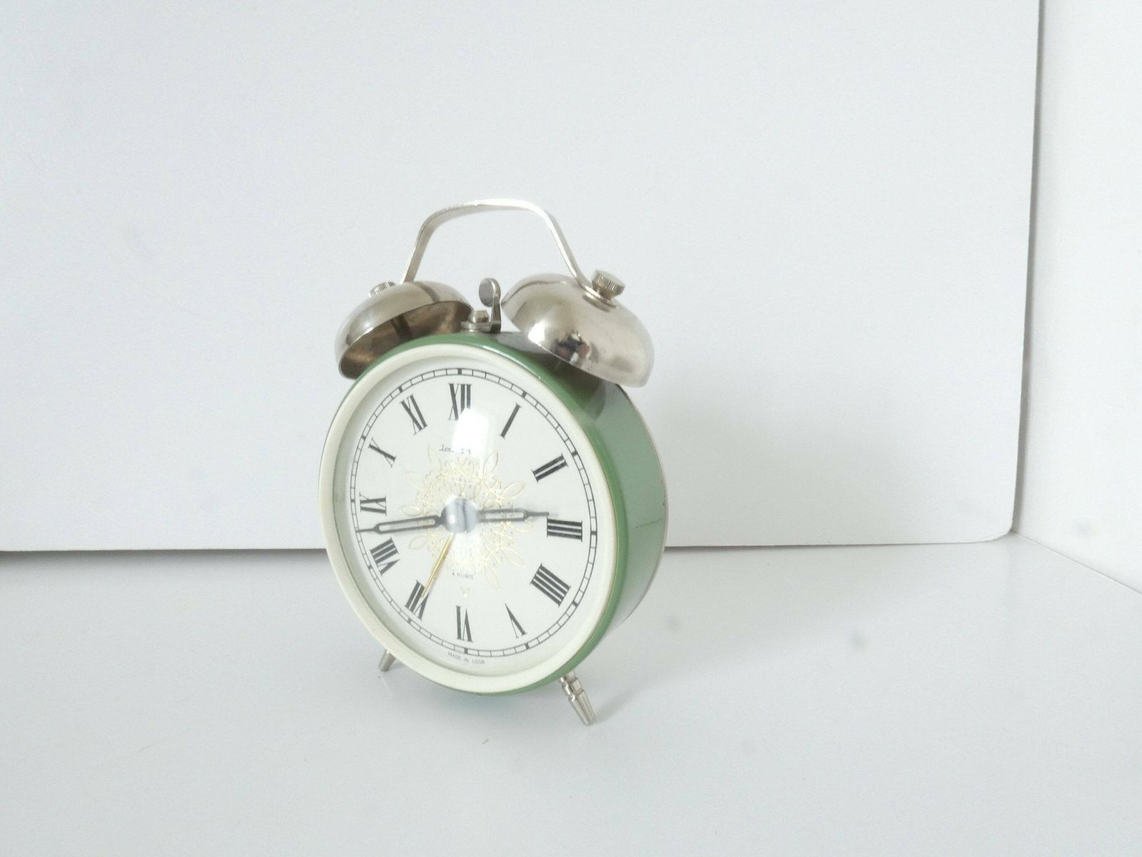Russian Vintage Green Pastel Jantaz Clock. Vintage 1960. Metal Alarm Clock. Loft Deco. Desk Accessory. Clock 60s photo for sale