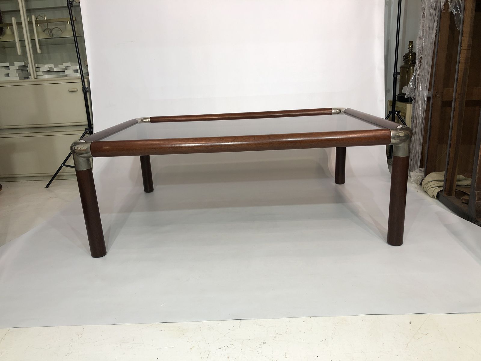 Furniture Large Mahogany Wood Chrome Coffee Table Smoked Glass Mid Century Hollywood 1970s photo