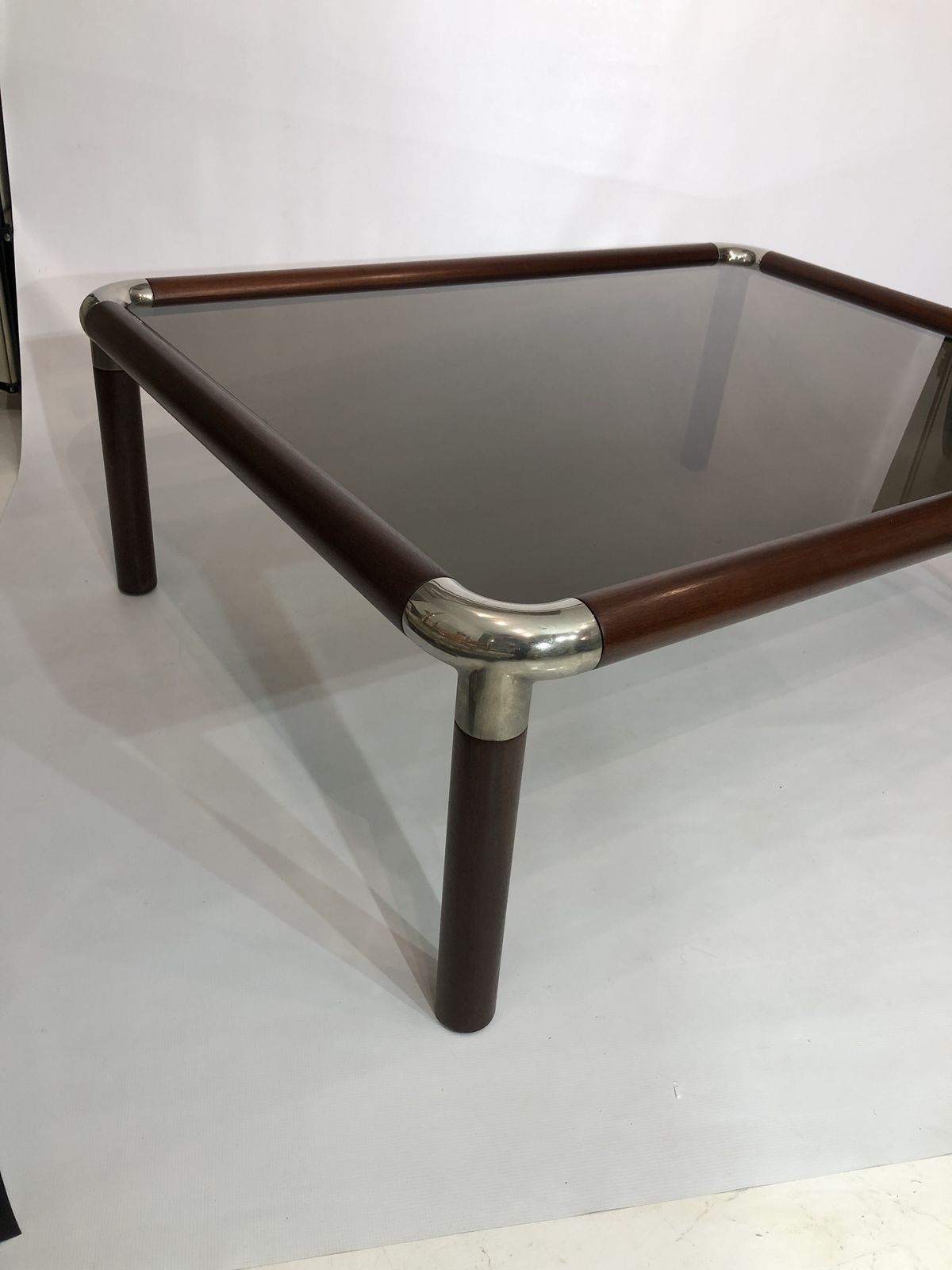 2250.0 Large Mahogany Wood Chrome Coffee Table Smoked Glass Mid Century Hollywood 1970s photo
