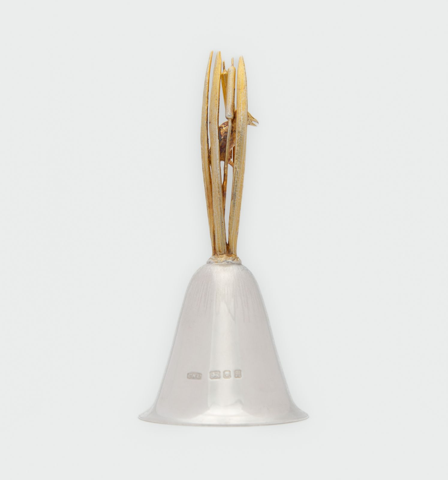 Vintage Sterling Silver & Silver Gilt Table Bell By Christopher Lawrence 1982 Warbler Bird On Bullrush photo vinterior