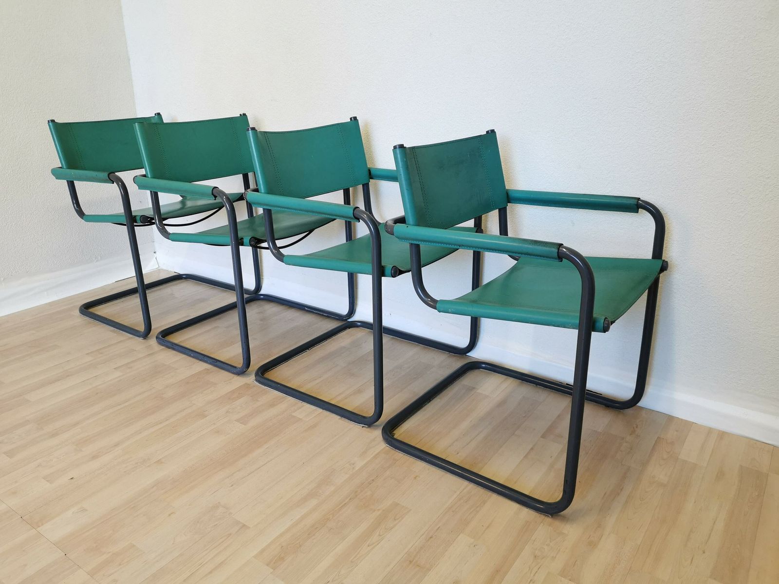Set Of 4 Vintage Mart Stam Style S34 Armchairs With Turquoise Leather / Mid Century Cantilever Marcel Breuer Black Tubular Blue Dining Chair photo 1600.0