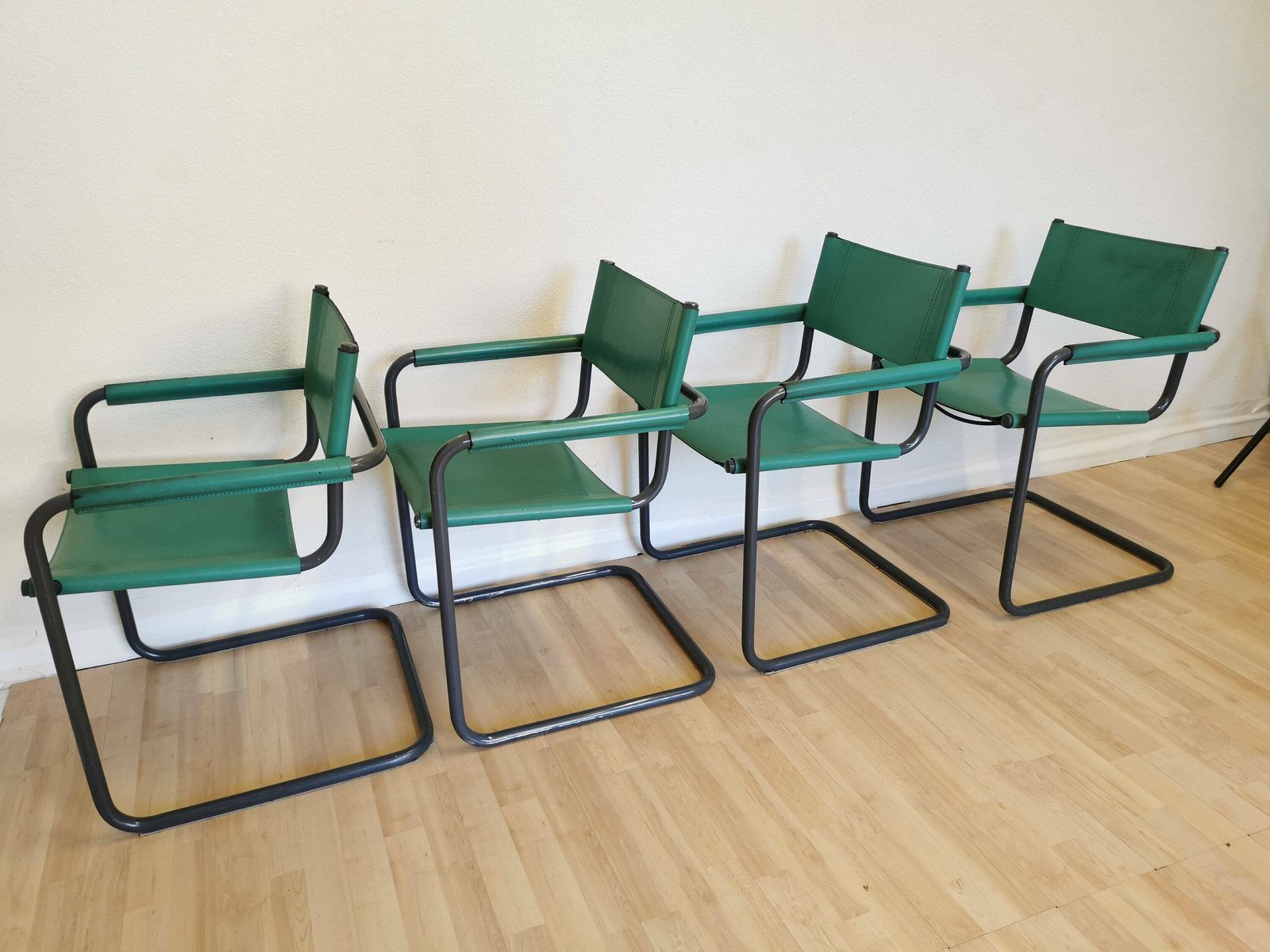 Set Of 4 Vintage Mart Stam Style S34 Armchairs With Turquoise Leather / Mid Century Cantilever Marcel Breuer Black Tubular Blue Dining Chair photo buy