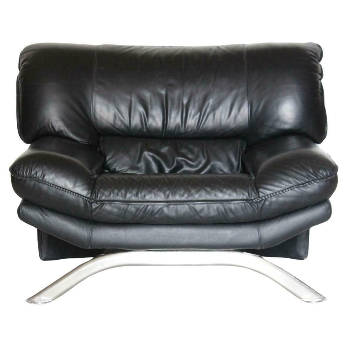 Large Post Modern Black Leather Armchair, Nicoletti Salotti For Avanti, Italy 1980