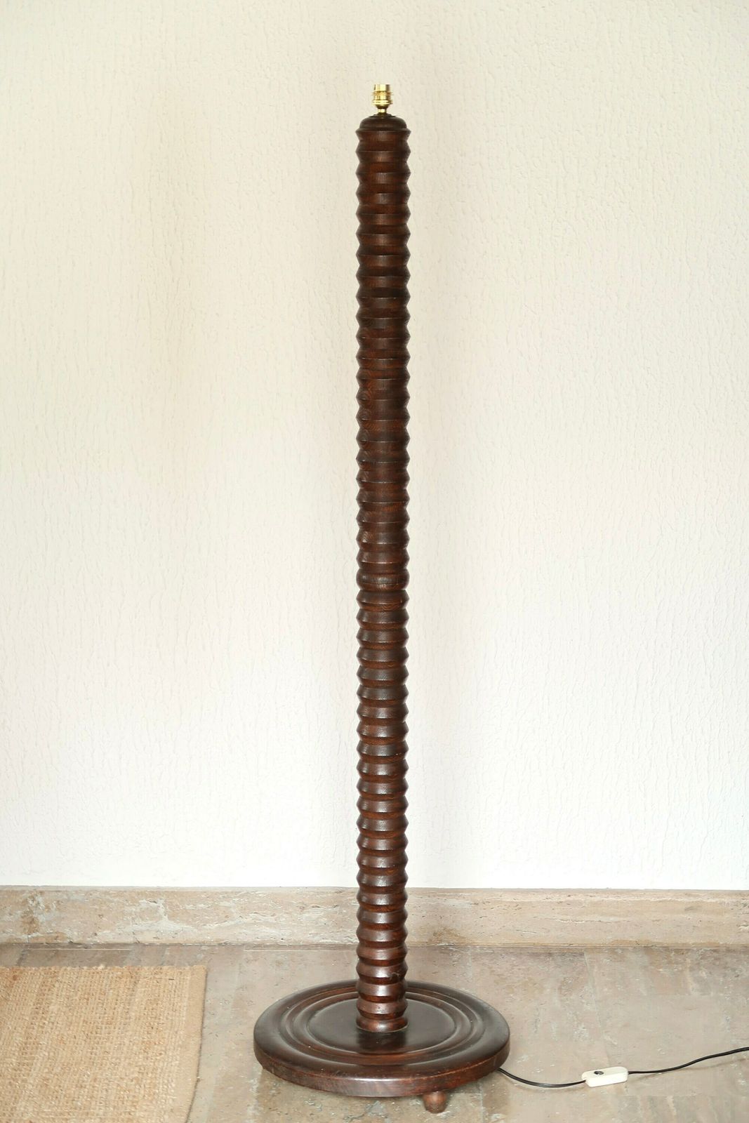 French Wooden Floor Lamp By Charles Dudouyt, Hemp Lampshade, 1940s / Column, Brancusi Style, Dark Wood, Mountain Country Furniture photo 5975.0