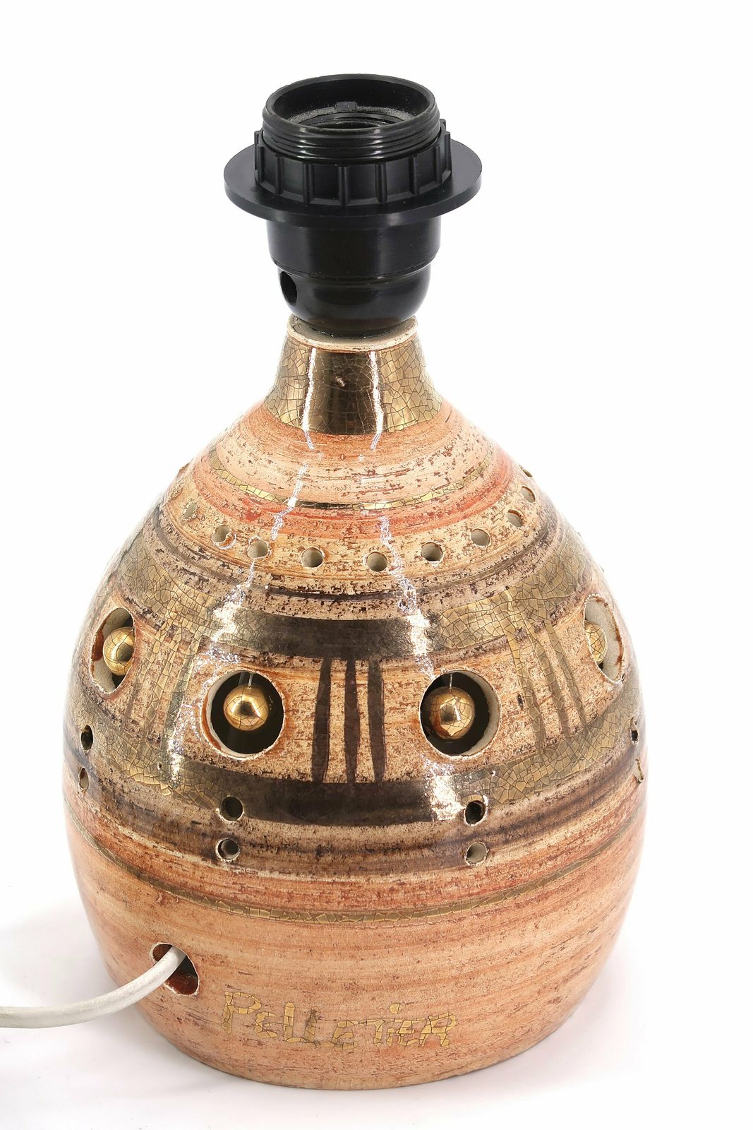 French Pale Orange And Gold Ceramic Table Lamp By Georges Pelletier, Raphia Lampshade, 1970s / Vintage, Boho Chic, Folk, Costa Riviera photo vinterior