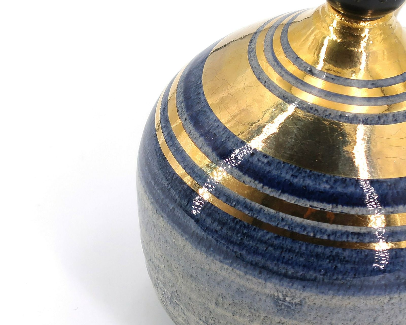 French Blue And Gold Ceramic Table Lamp By Georges Pelletier, Raphia Lampshade, 1970s / Vintage, Boho Chic, Folk, Bohemian, Costa Riviera photo Lighting