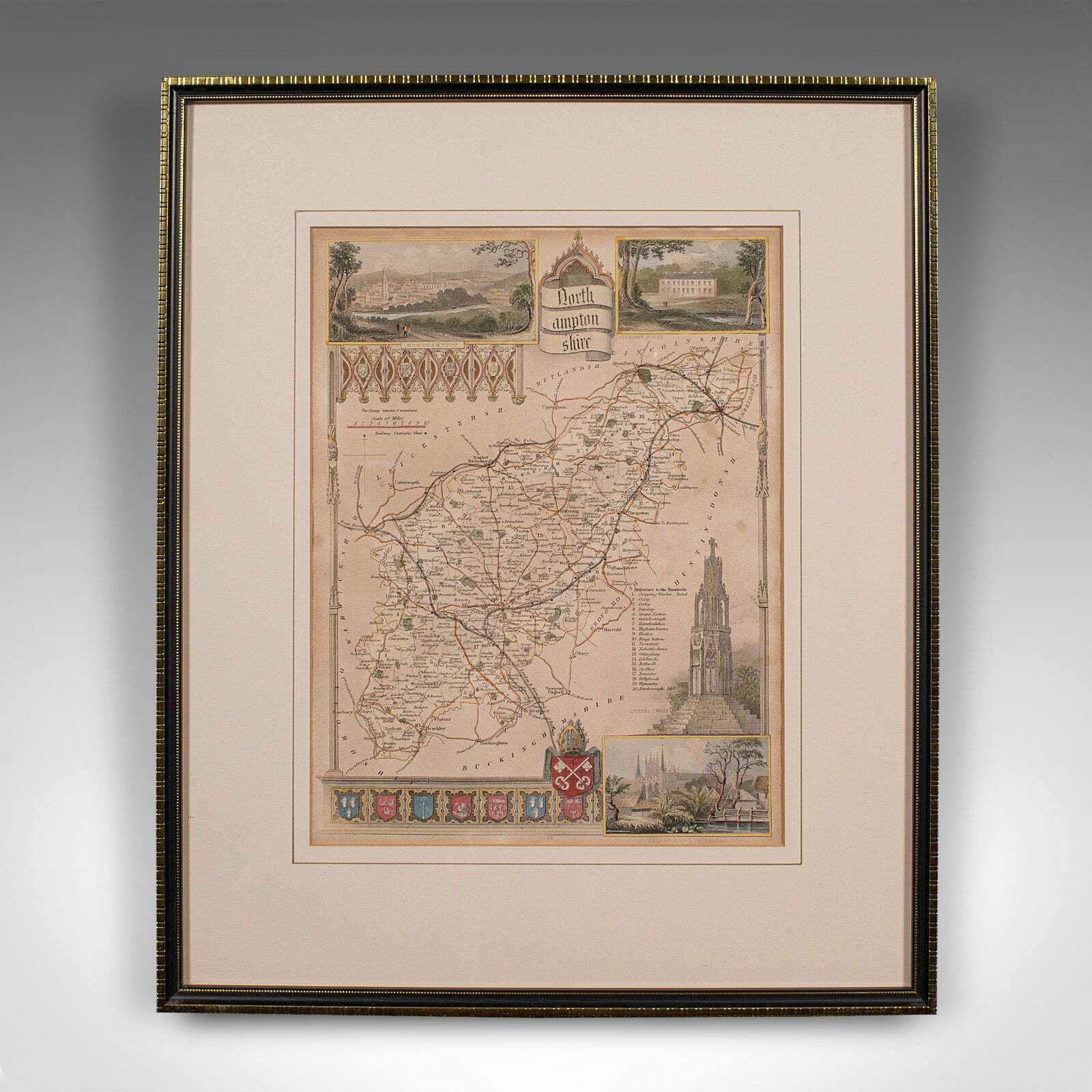 Antique Lithography Map, Northamptonshire, English, Framed Cartography, C.1860 photo furniture