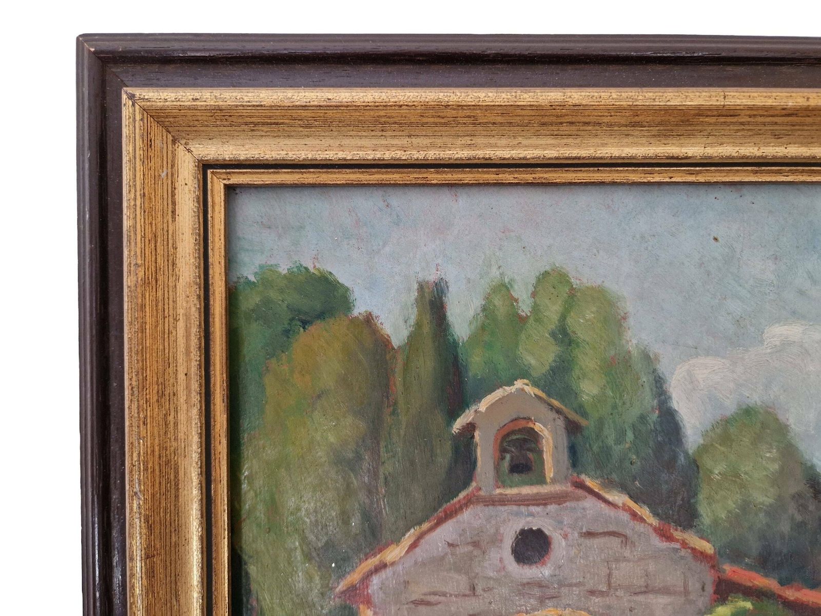 Impressionistisch schilderij van een kerk in de Provence, ingelijst rustiek Frans wanddecor photo vinterior