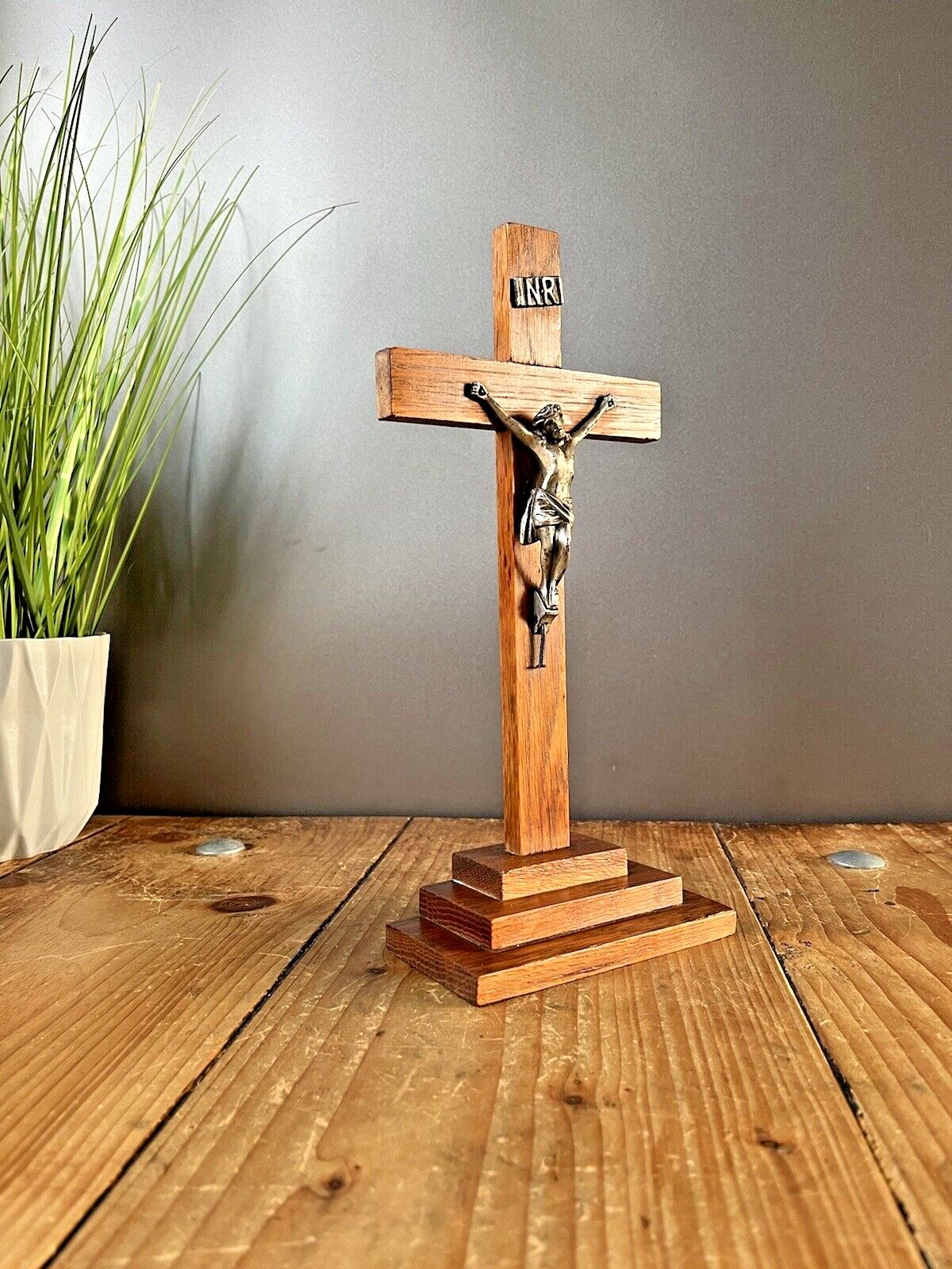Antique Art Deco Stepped Base Freestanding Oak Altar Crucifix Church Cross Jesus photo buy