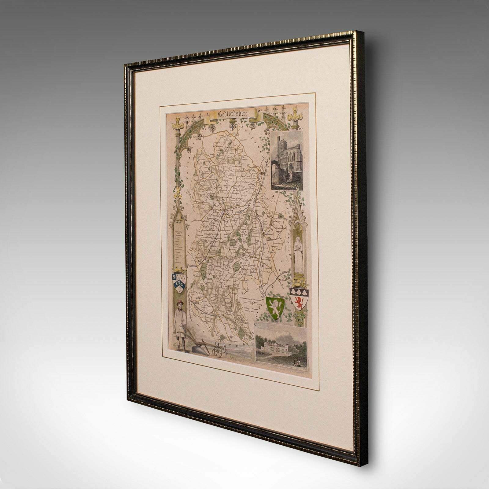 Antique Lithography Map, Bedfordshire, English, Framed Engraving, Cartography photo for sale