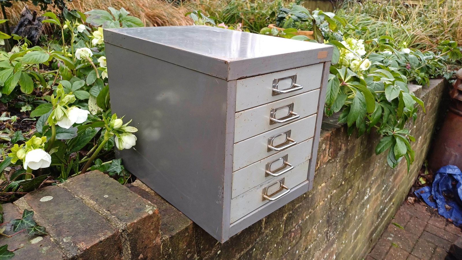 Retro Vintage Flight Of Metal Drawers Storage Tools Artisan Desk Surface. photo Furniture