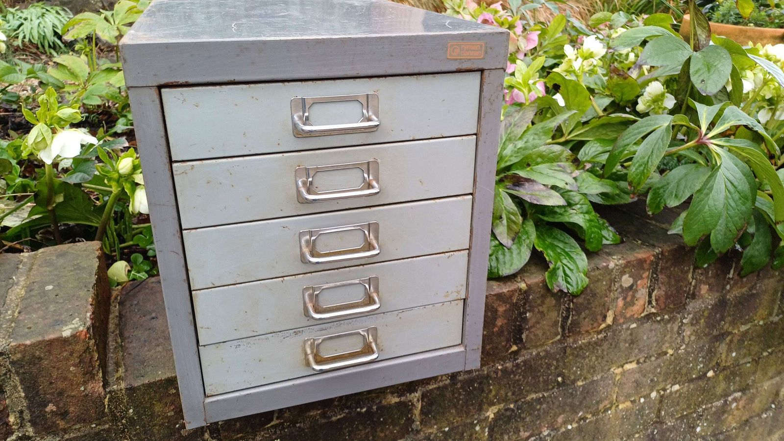 Retro Vintage Flight Of Metal Drawers Storage Tools Artisan Desk Surface. photo 145.0