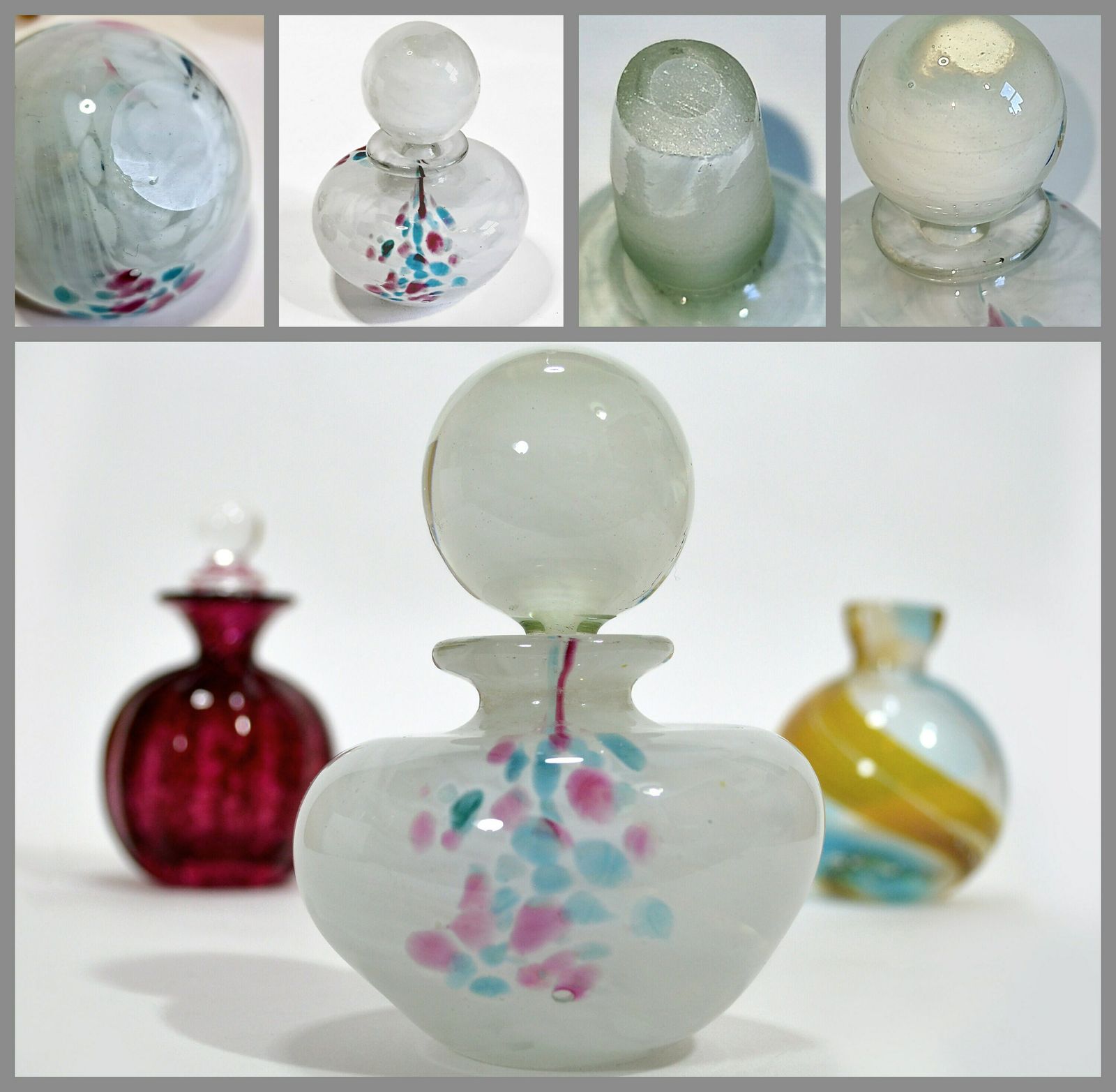 20th Century Art Glass Collection < 6 Pieces > 3 Glass Perfume Bottles & 3 Vases (Mdina, Teign, Aseda) photo Home Decor