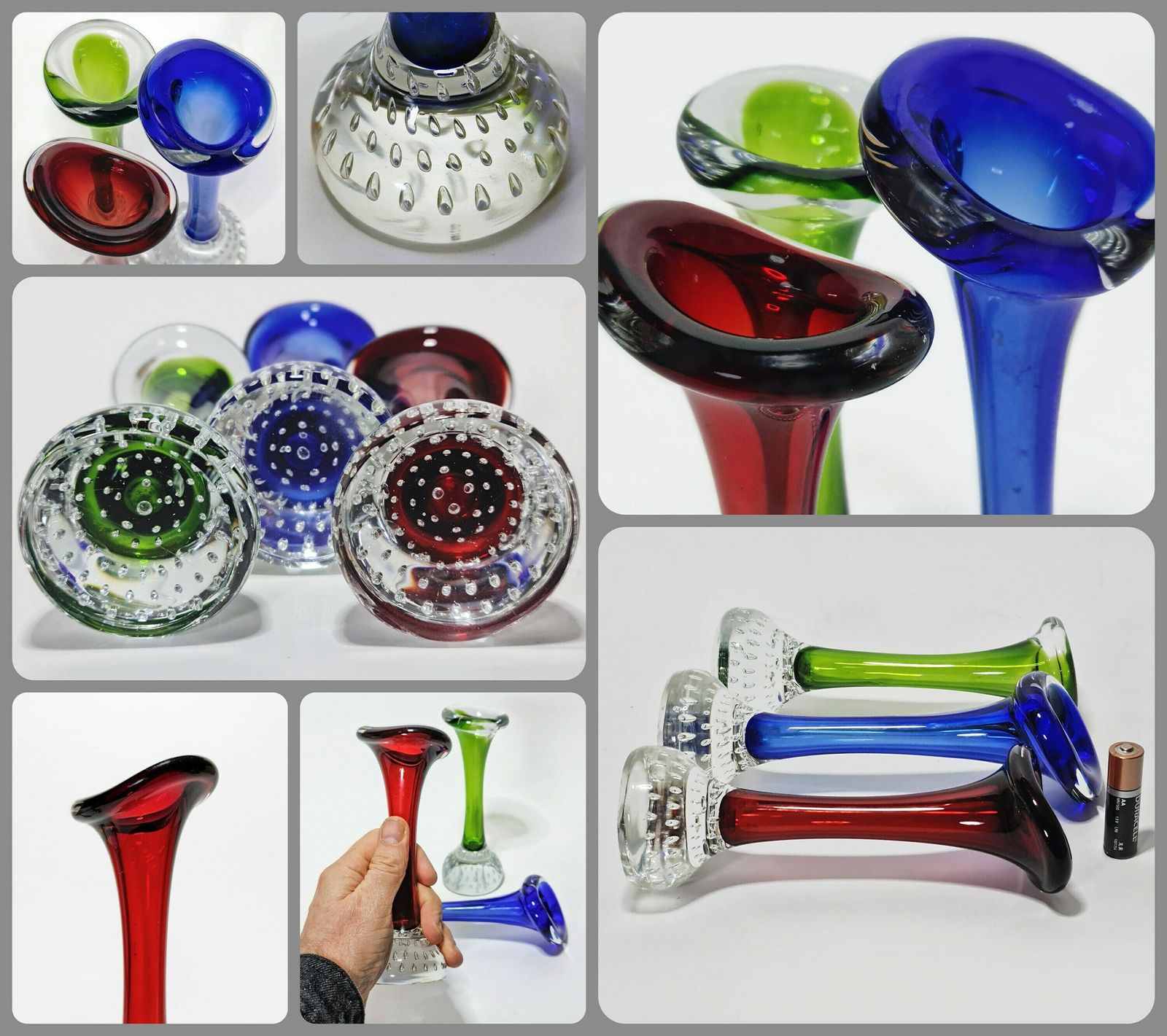 photo for sale 20th Century Art Glass Collection < 6 Pieces > 3 Glass Perfume Bottles & 3 Vases (Mdina, Teign, Aseda)