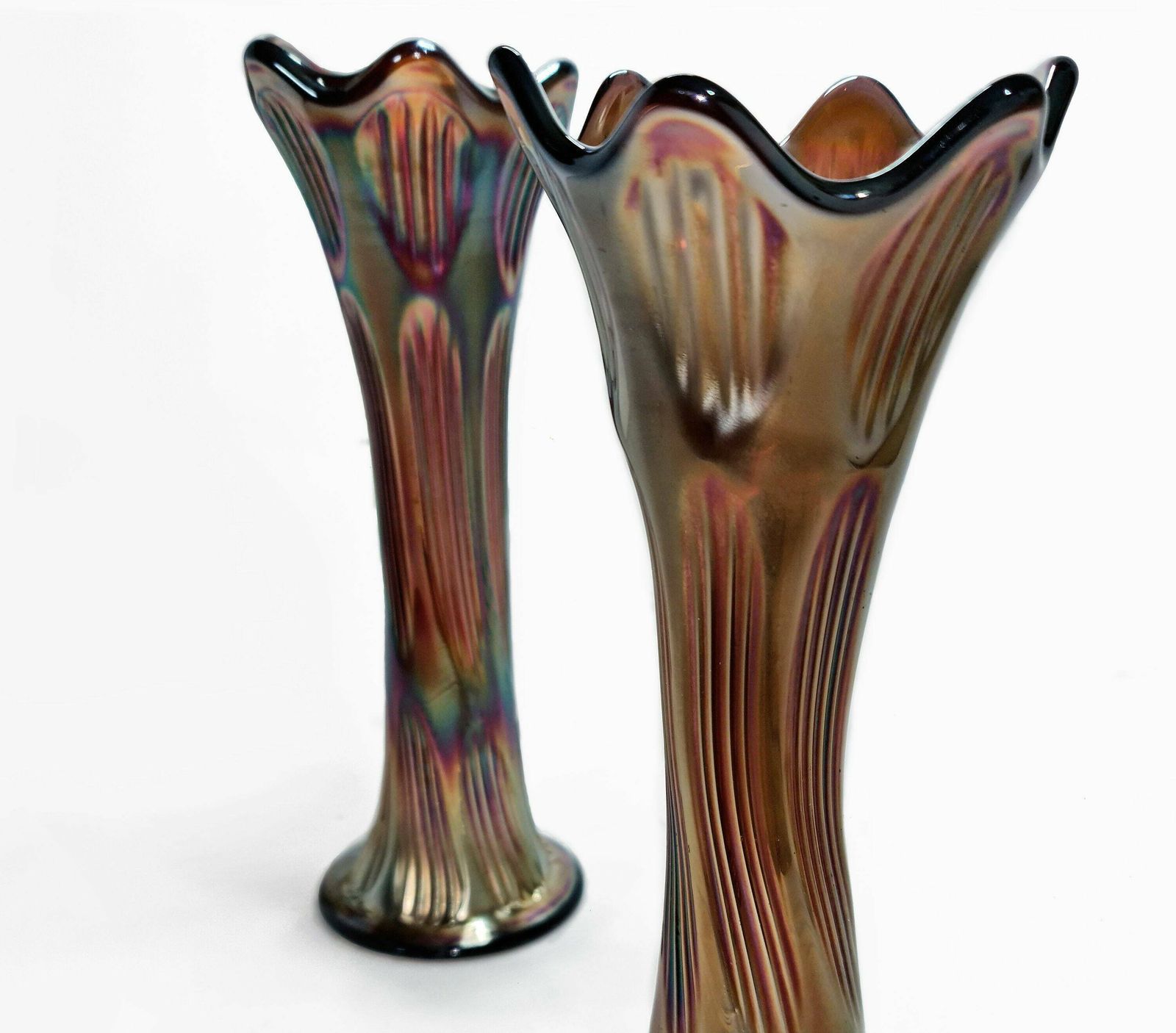 Pair Of Diamond & Rib Amethyst Glass Carnival (Swung) Vases. photo for sale