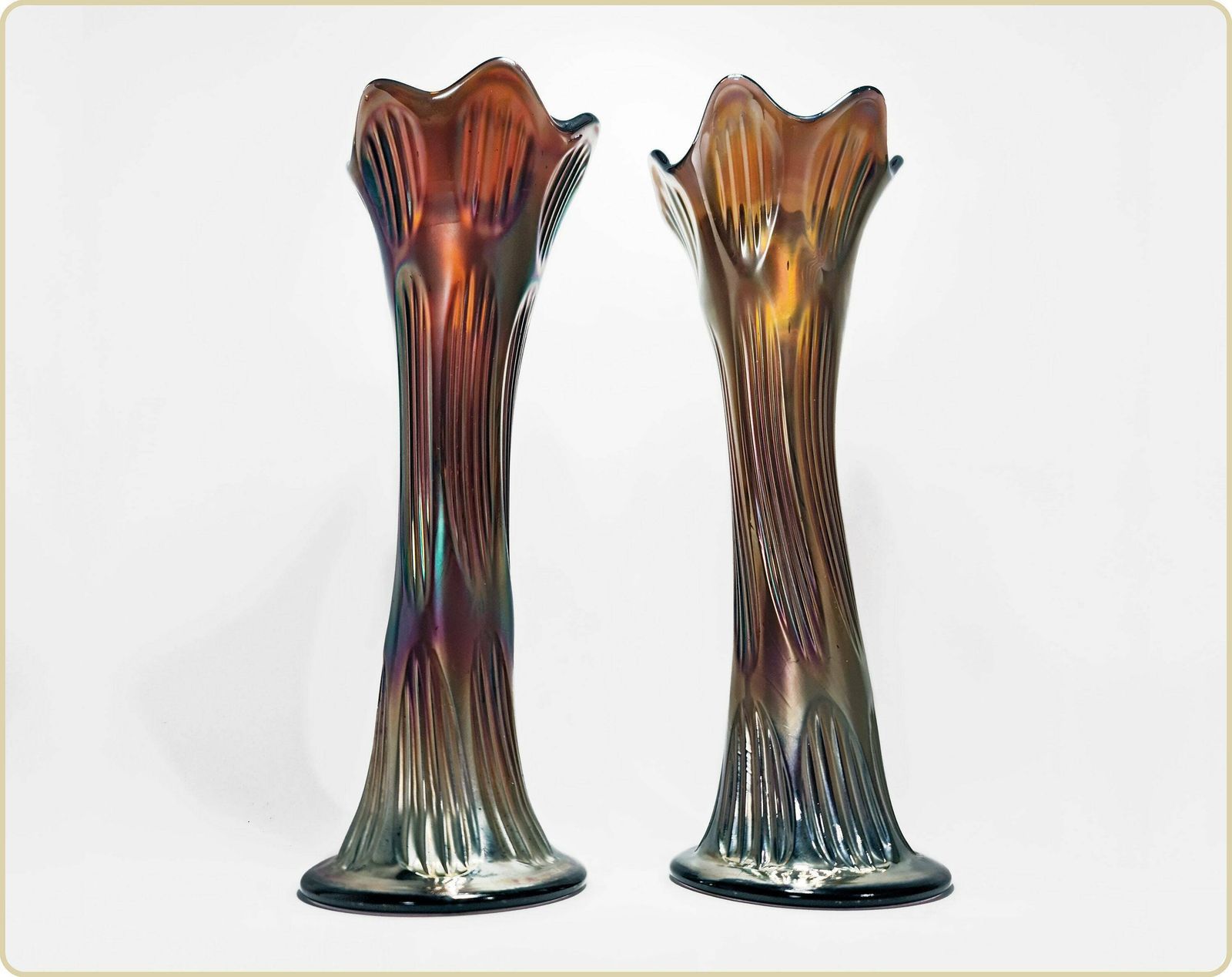 Pair Of Diamond & Rib Amethyst Glass Carnival (Swung) Vases. photo Home Decor