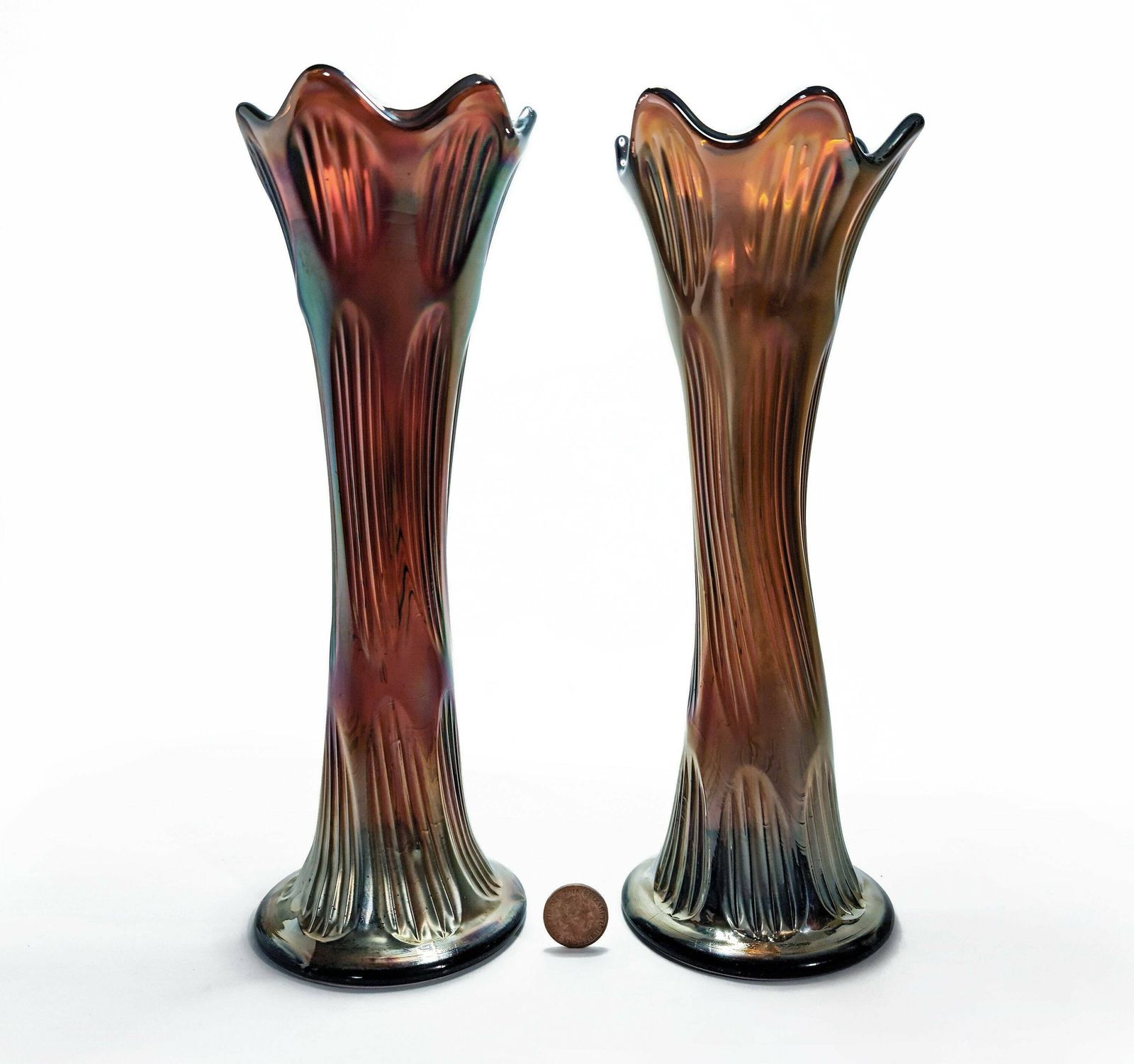 Pair Of Diamond & Rib Amethyst Glass Carnival (Swung) Vases. photo buy