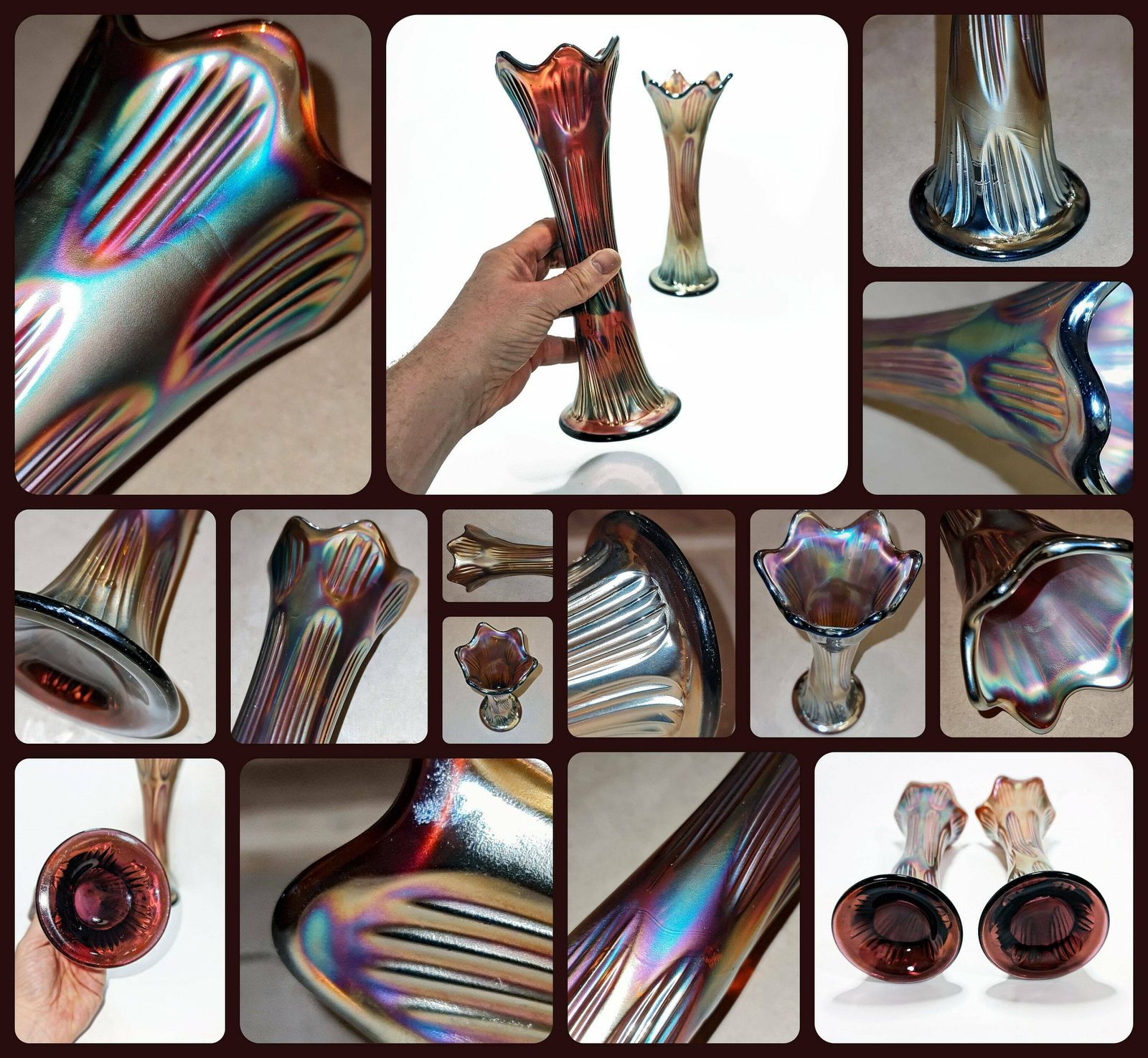 photo furniture Pair Of Diamond & Rib Amethyst Glass Carnival (Swung) Vases.