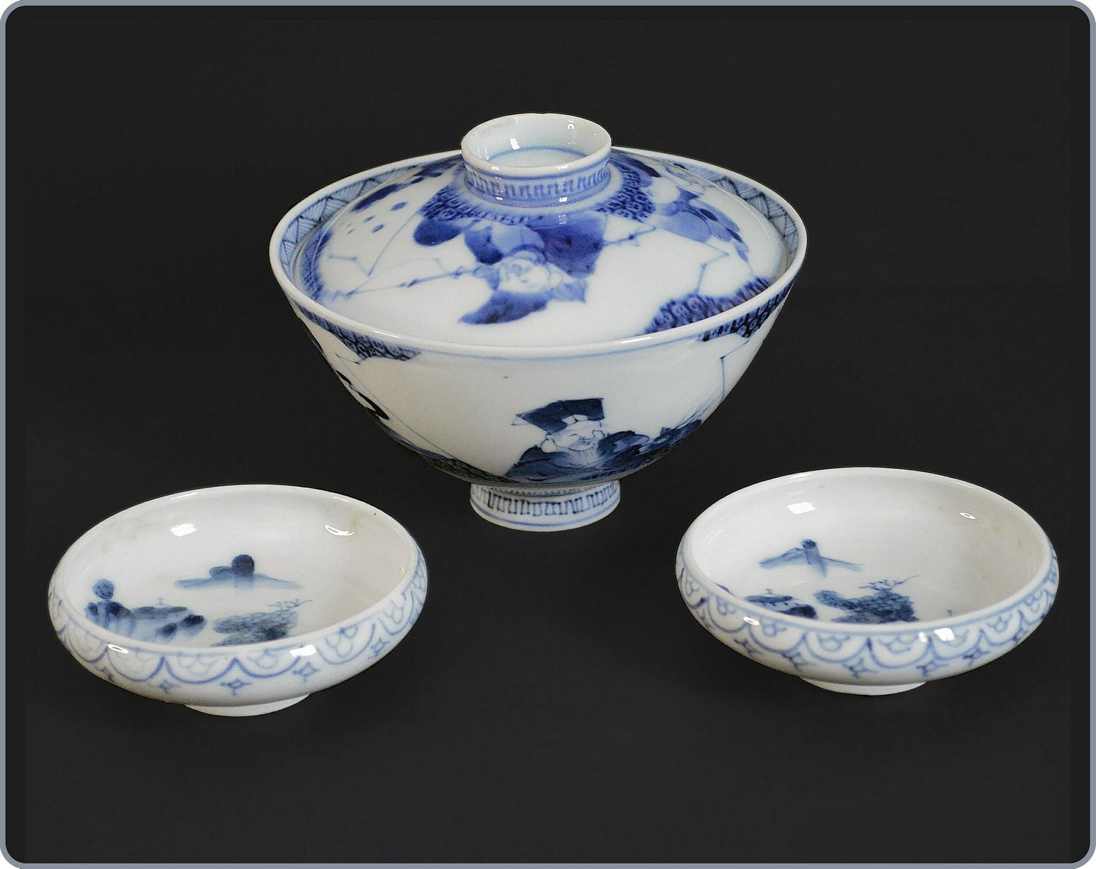 Antique Japanese Imari Porcelain Bowl With Lid + 2 Small Meiji Blue & White Side Plates photo for sale