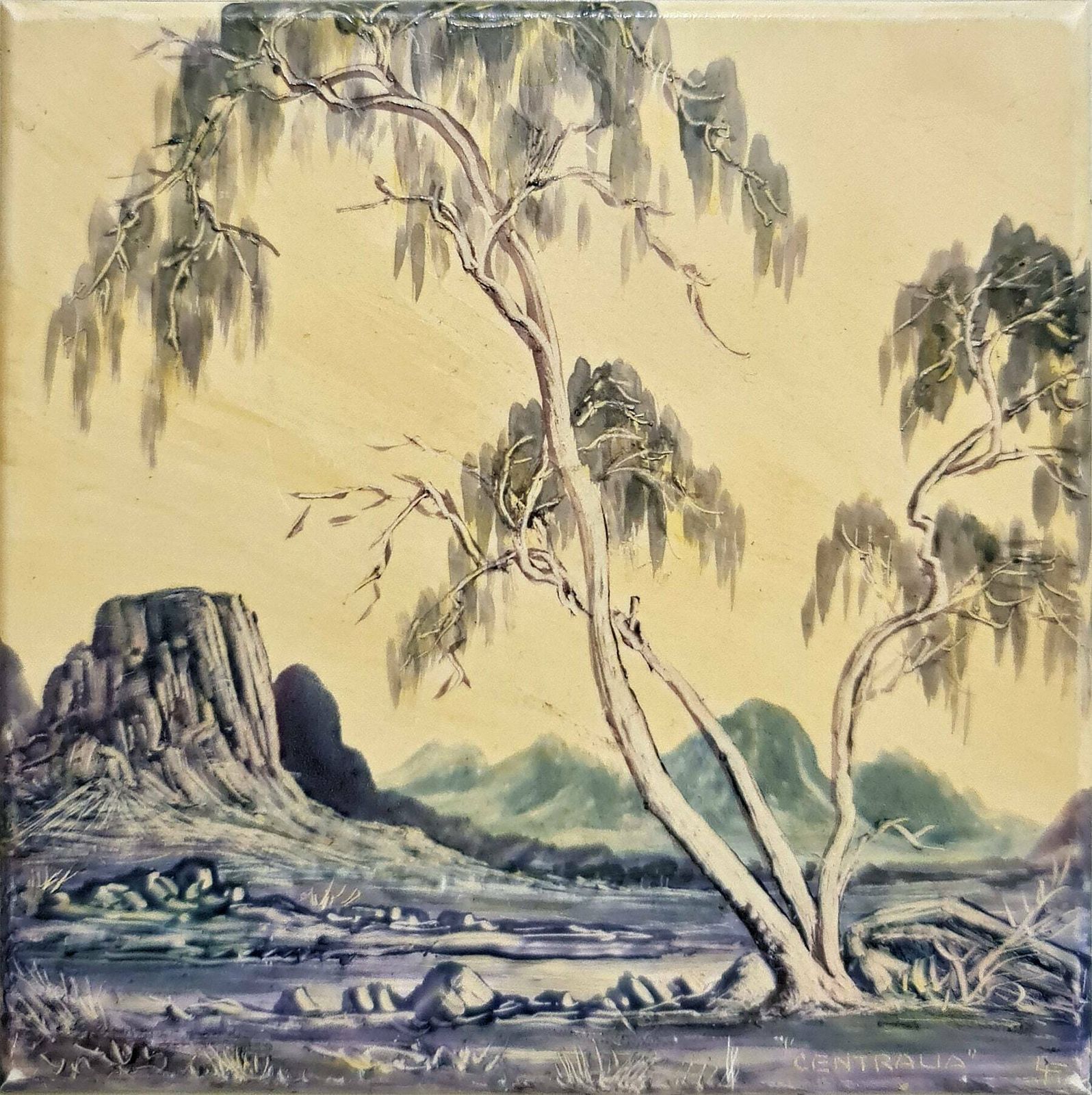 Mid 20th Century, Central Australia Landscape Painting In Oil On Bakelite Mounted On Ceramic Tile