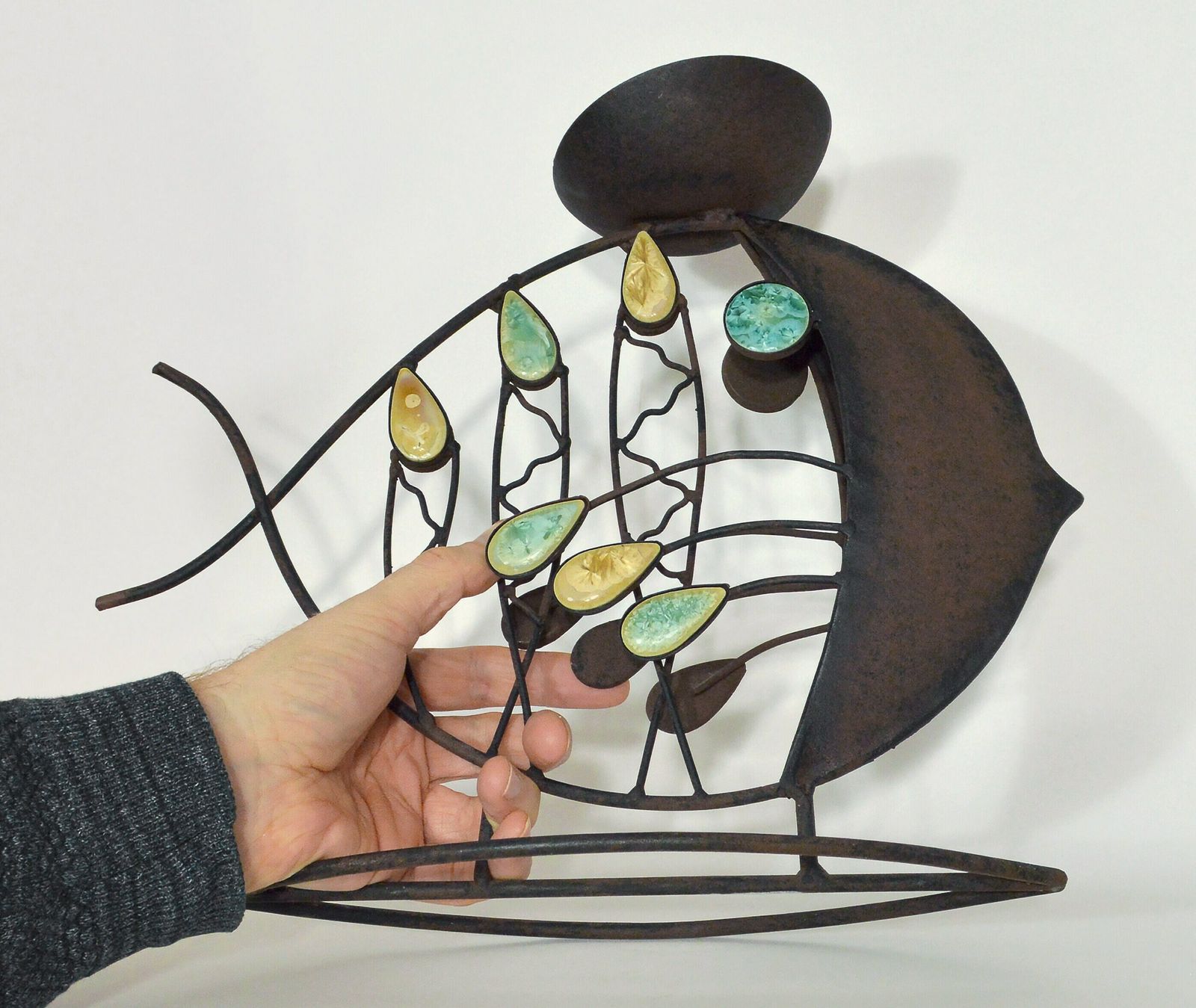 photo furniture Fish Candleholder Sculpture   Mid Century Modern Atomic Style Metal & Enamel