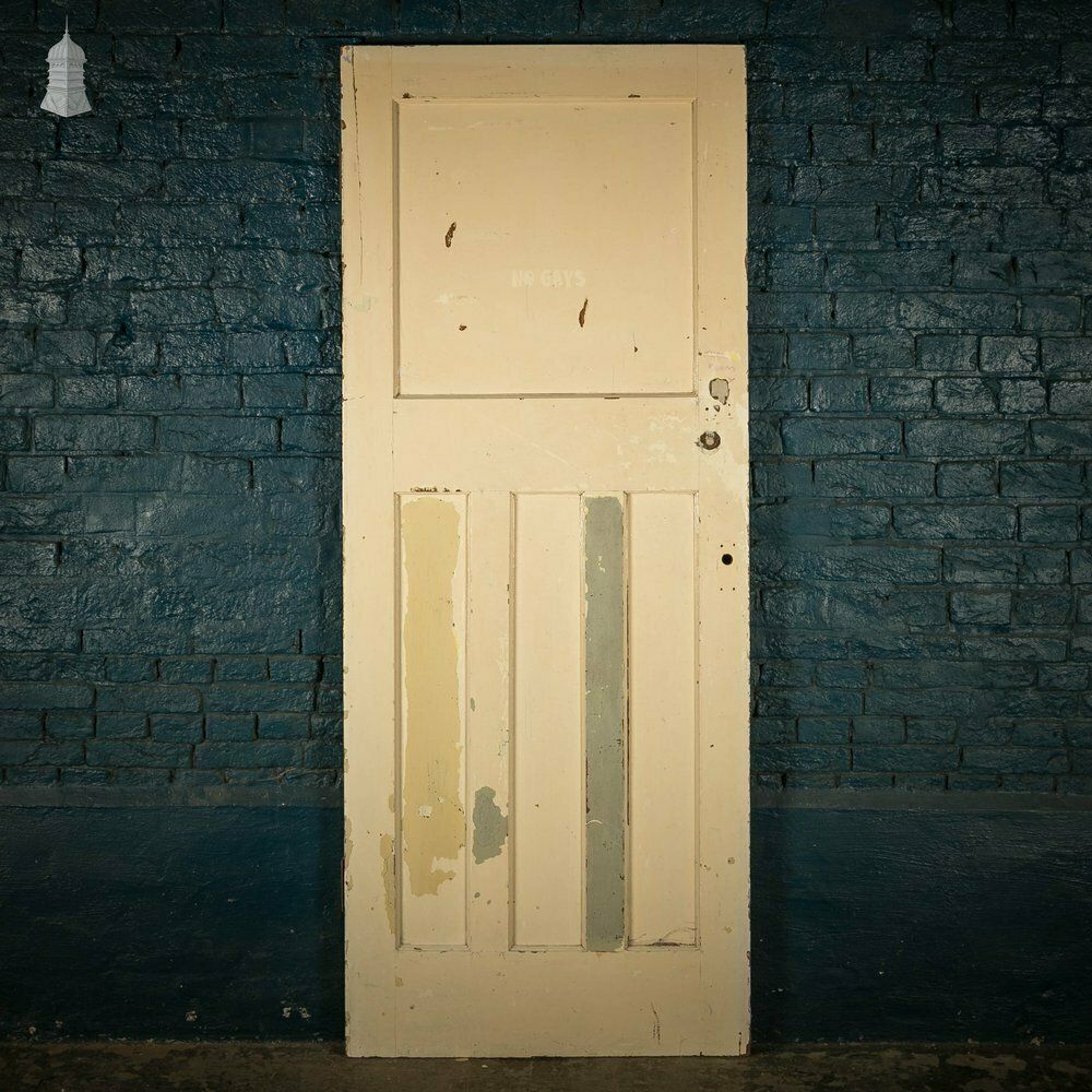 Pine Panelled Door, Moulded 4 Panel, Blue Distressed Paint Finish photo vintage