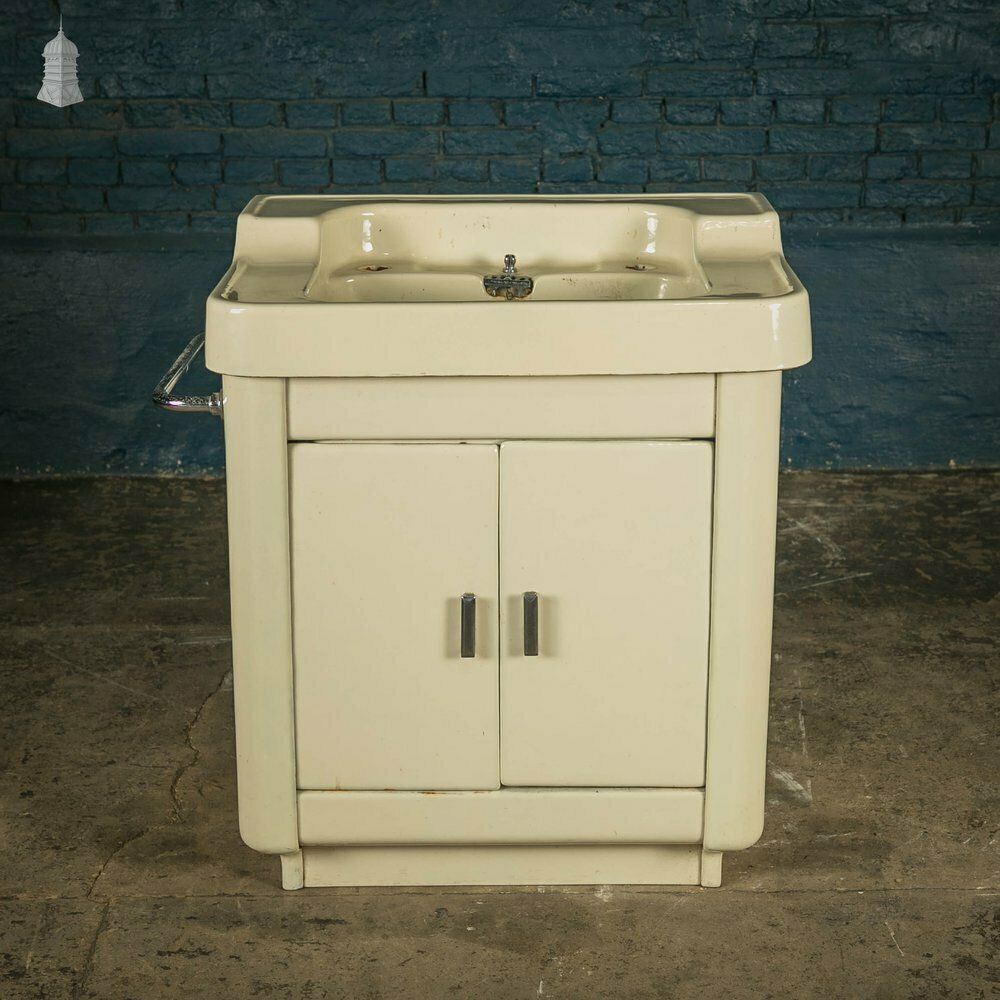 Enamelled Hand Basin, Cast Iron Mid Century Wash Hand Basin On Cupboard Base photo for sale