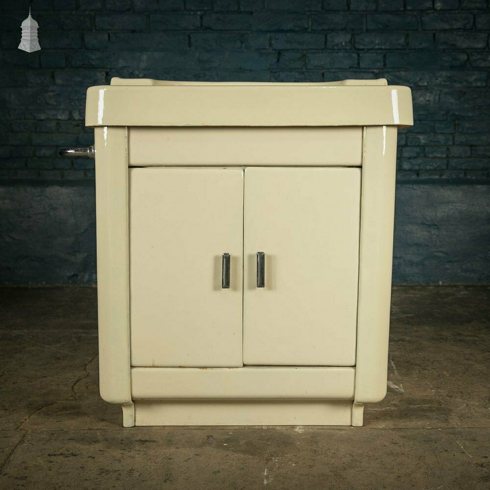 photo furniture Enamelled Hand Basin, Cast Iron Mid Century Wash Hand Basin On Cupboard Base