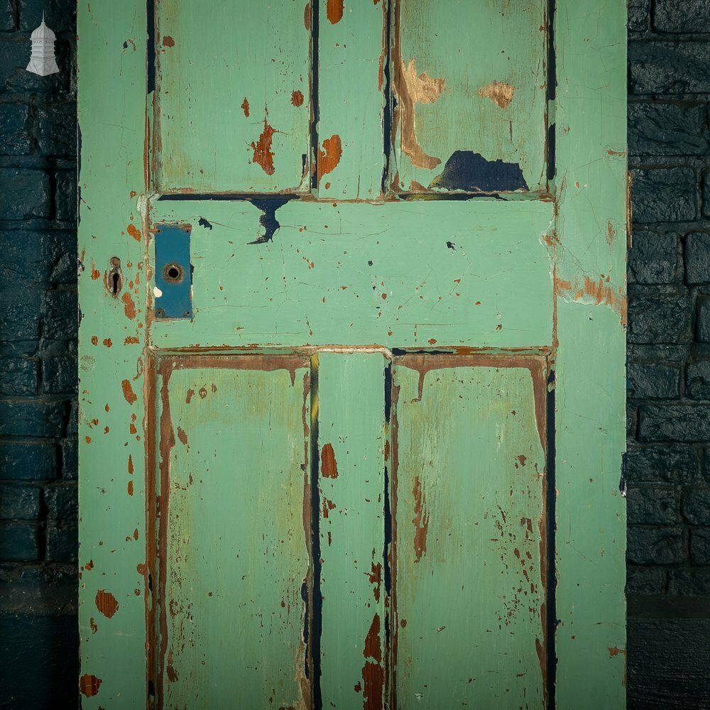 Pitch Pine Panelled Doors, Pair Of 4 Panel Doors With Green Distressed Paint Finish photo vintage