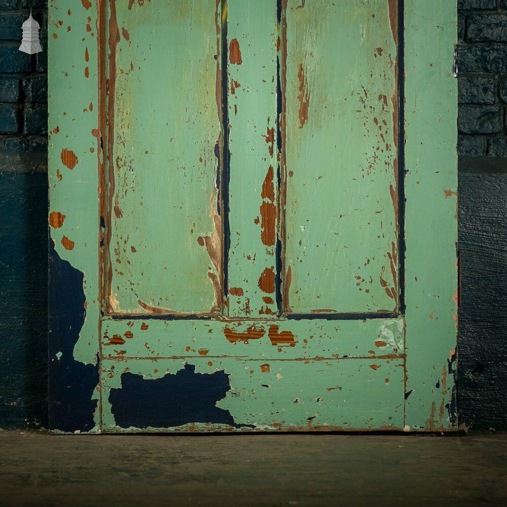 photo for sale Pitch Pine Panelled Doors, Pair Of 4 Panel Doors With Green Distressed Paint Finish