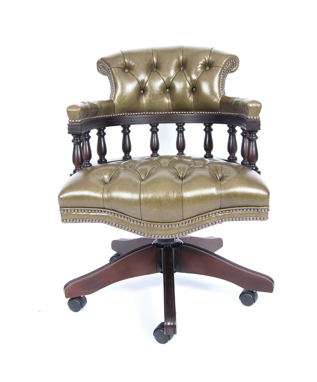 Bespoke English Hand Made Leather Captains Desk Chair Olive Green photo furniture