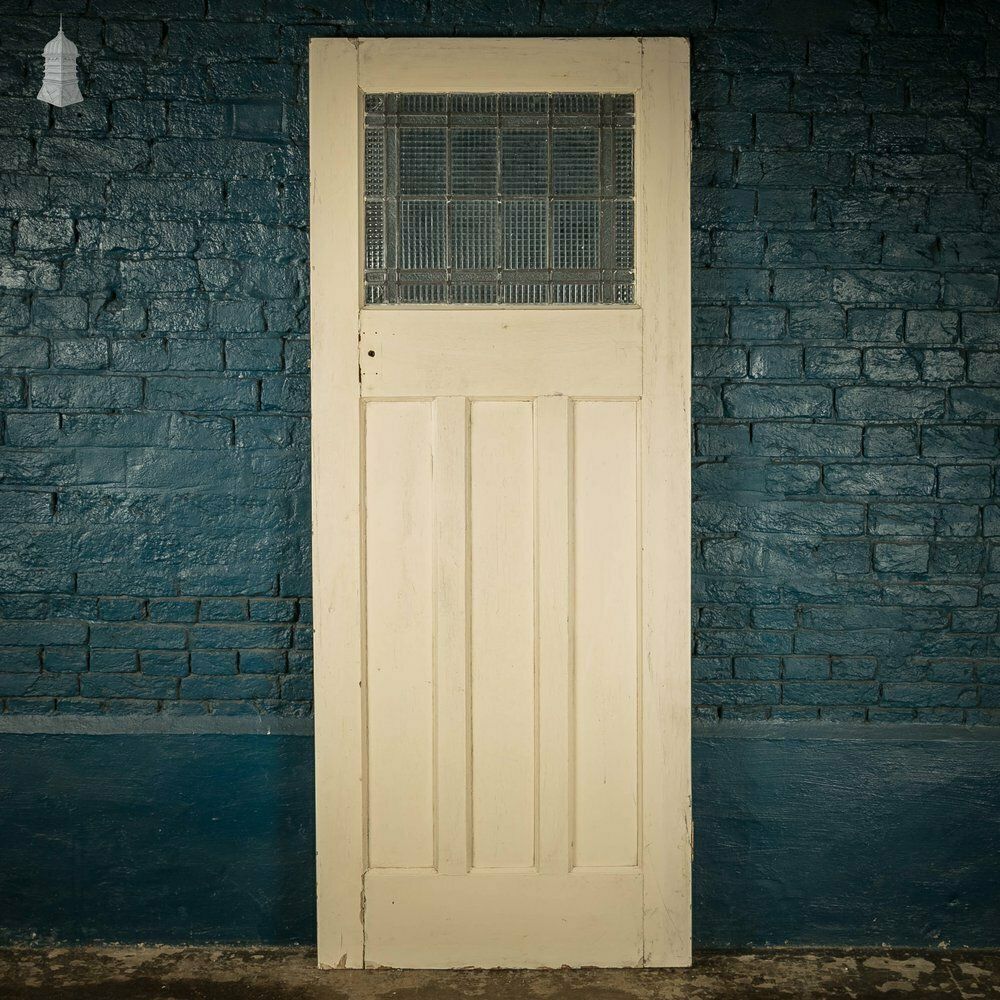 Half Glazed Door, 4 Panel Pine 1930’s Style Fitted With Leaded Cross Reeded Glass