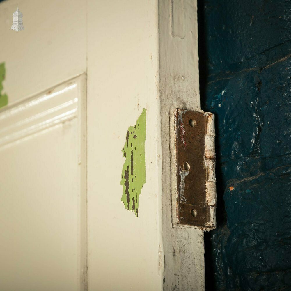 photo furniture Pine Panelled Door, Moulded 4 Panel, White And Green Distressed Paint Finish