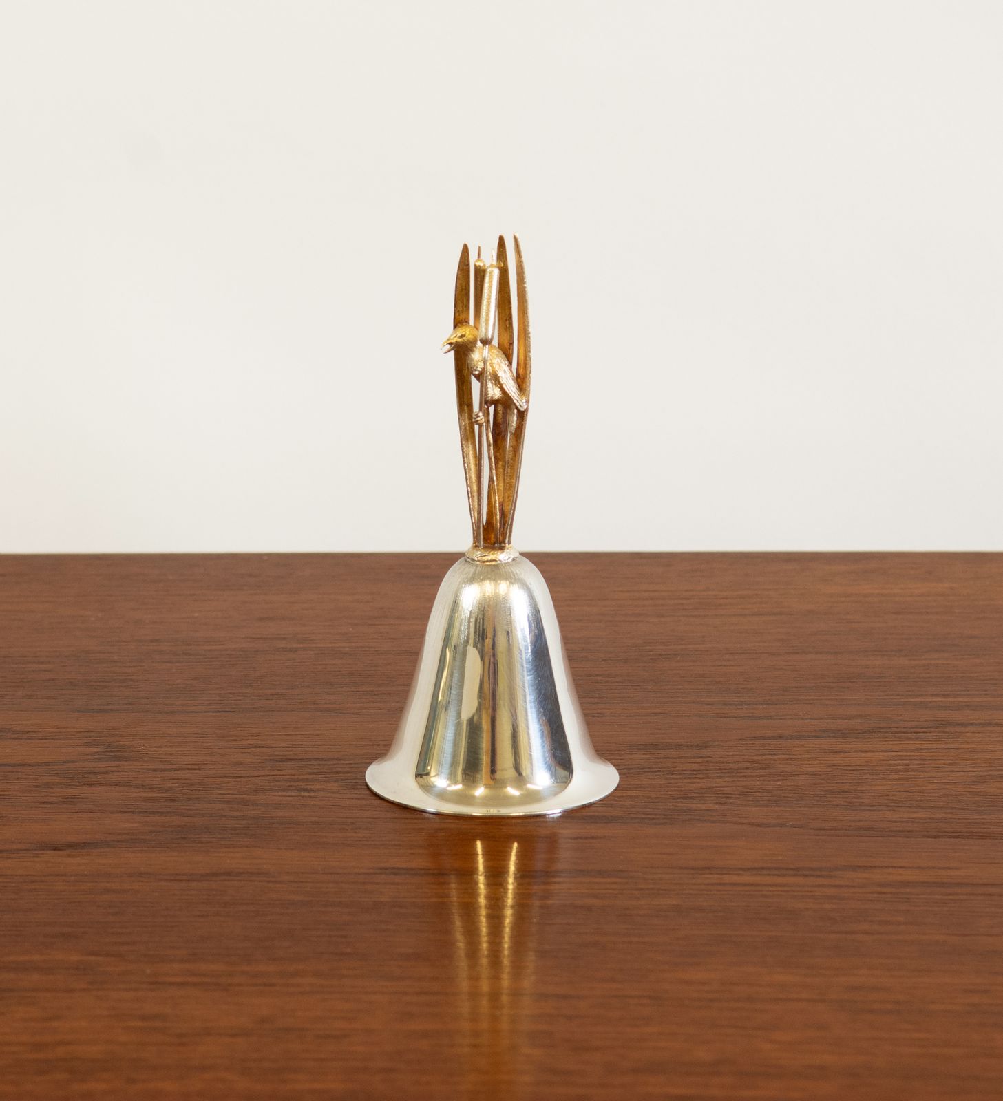 photo for sale Vintage Sterling Silver & Silver Gilt Table Bell By Christopher Lawrence 1982 Warbler Bird On Bullrush