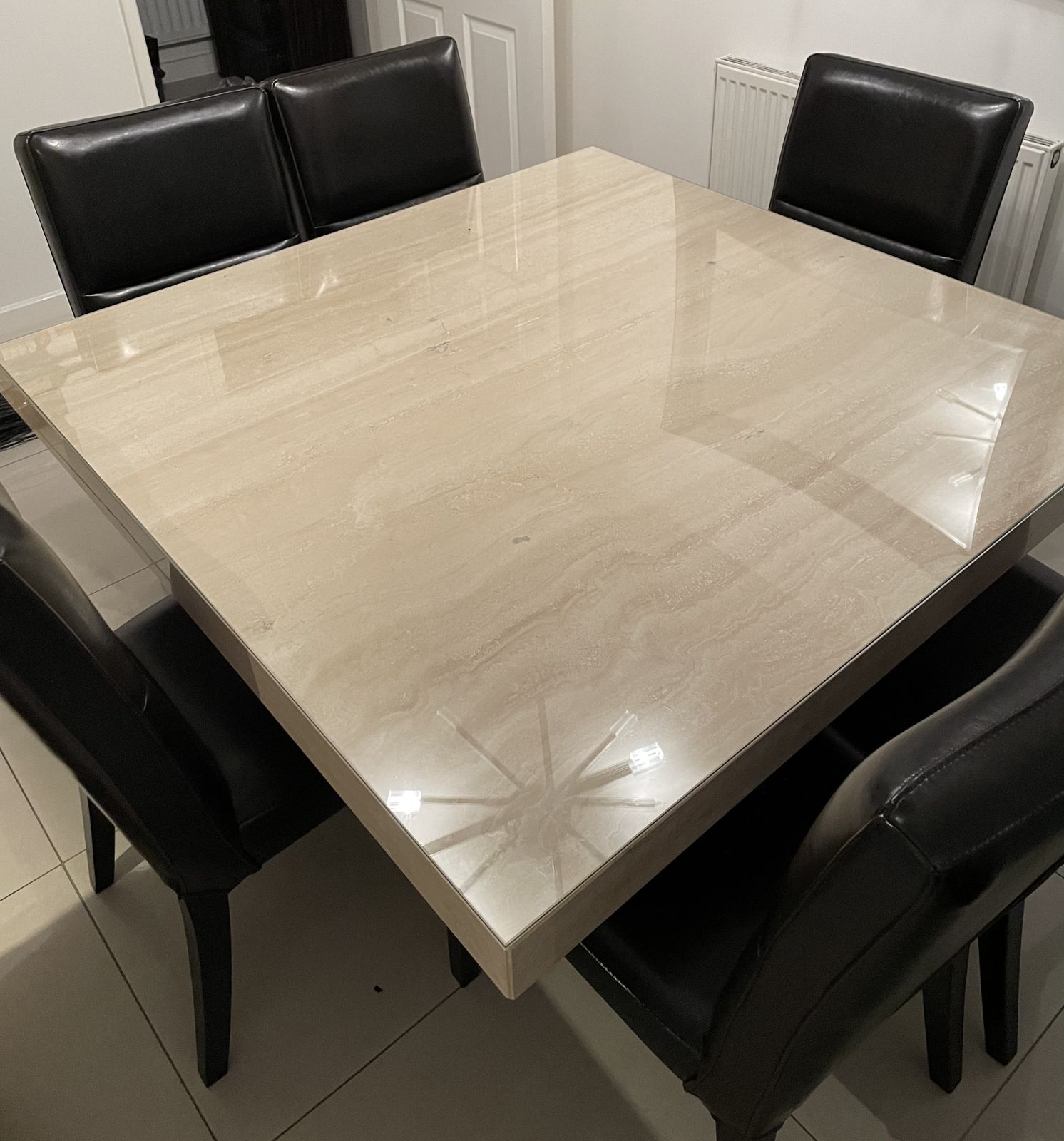 Dansk Travertine 1300x1300 Wenge Wood Pedestal Dining Table And Six Chairs. photo vinterior