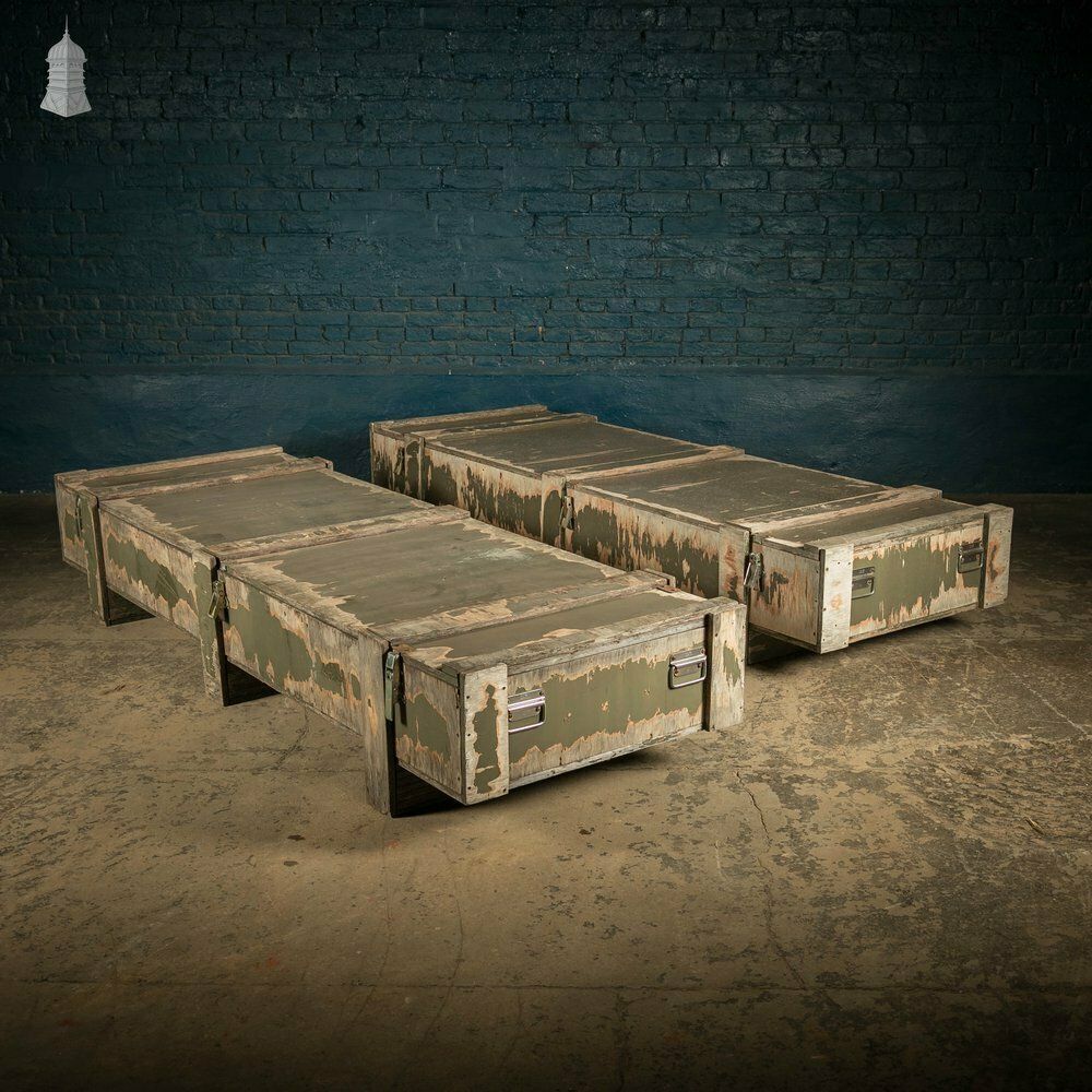 Military Shipping Crates, Pair Of Green Painted Wooden Aircraft Part Shipping Boxes Reclaimed From A Norfolk Raf Base photo 540.0