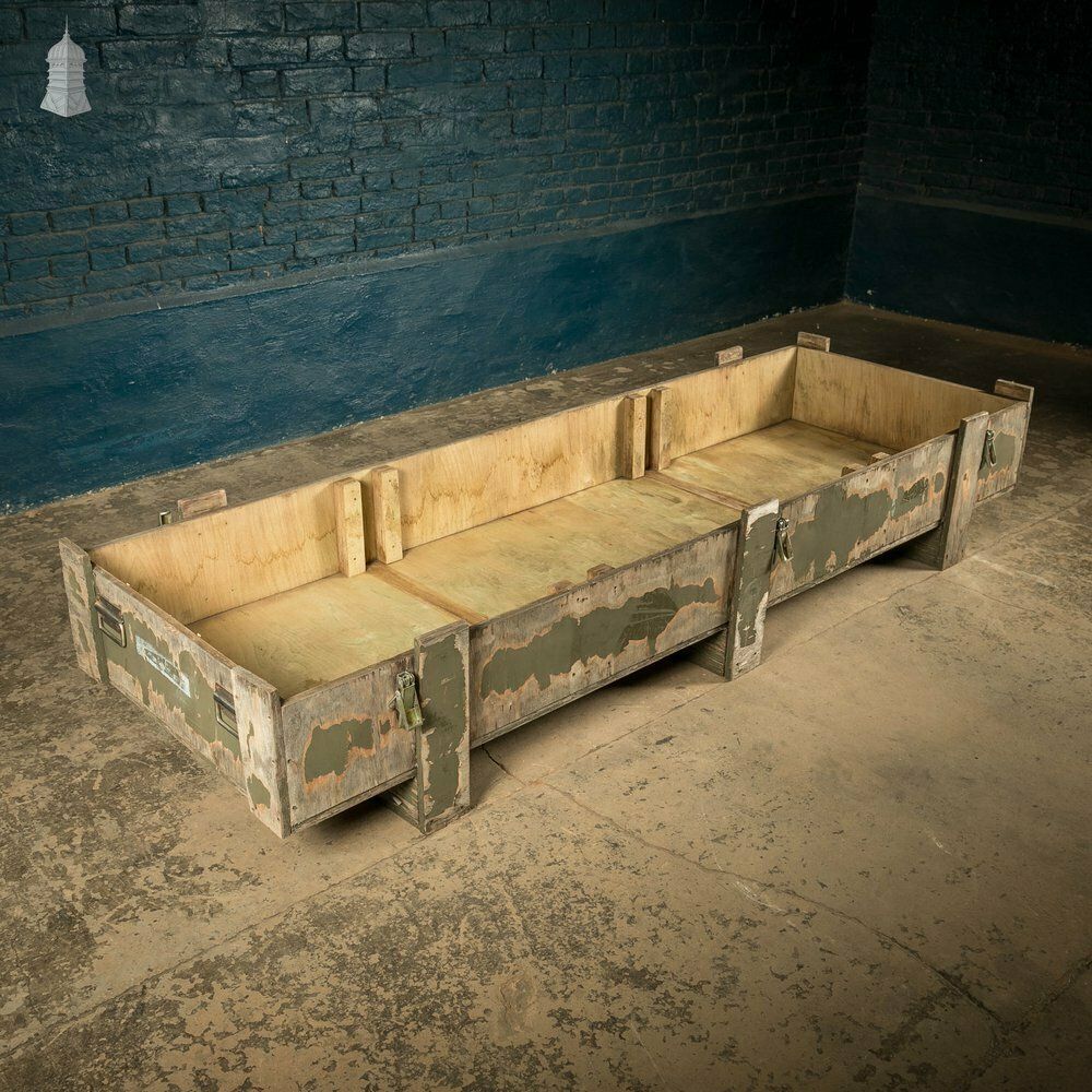 Military Shipping Crates, Pair Of Green Painted Wooden Aircraft Part Shipping Boxes Reclaimed From A Norfolk Raf Base photo vinterior